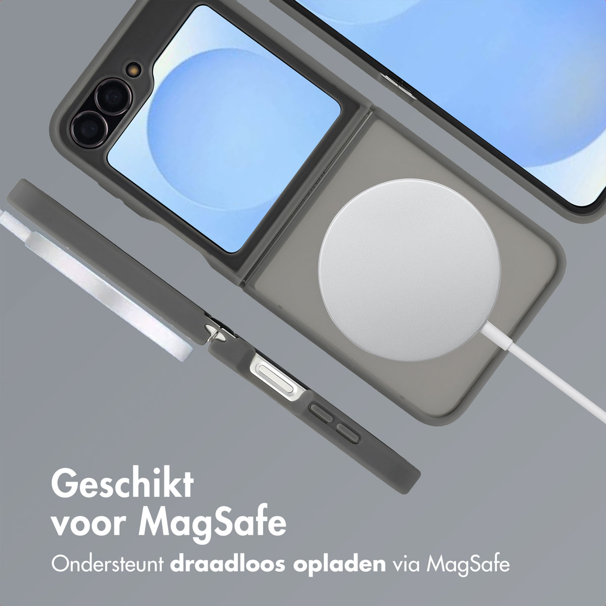 Een grijze telefoonhoes met een witte MagSafe-lader. De telefoon is open, met een blauw scherm. Tekst: Geschikt voor MagSafe, draadloos opladen.