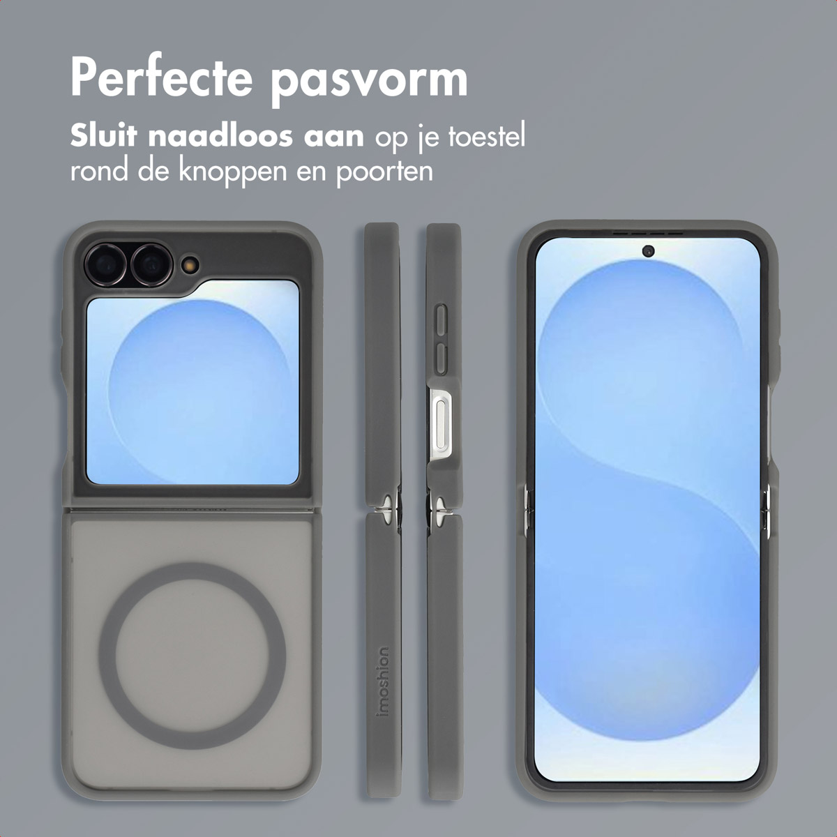 Een grijze telefoonhoes wordt in verschillende posities getoond. De hoes is ontworpen om perfect rond de knoppen en poorten van de telefoon te passen.