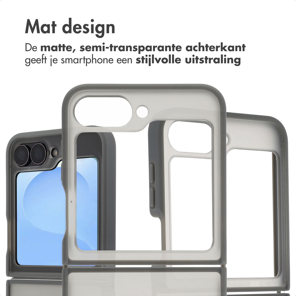 Drie semi-transparante telefoonhoesjes, grijs en wit, worden weergegeven. Tekst: Mat design. De hoesjes staan op een witte achtergrond.