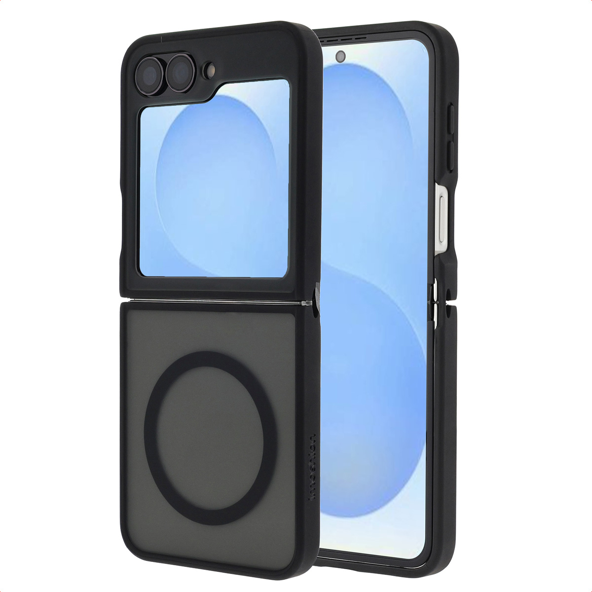Zwarte telefoonhoes met een opvouwbaar ontwerp. De telefoon is zichtbaar door de hoes. Een donkere cirkel zit onderaan.
