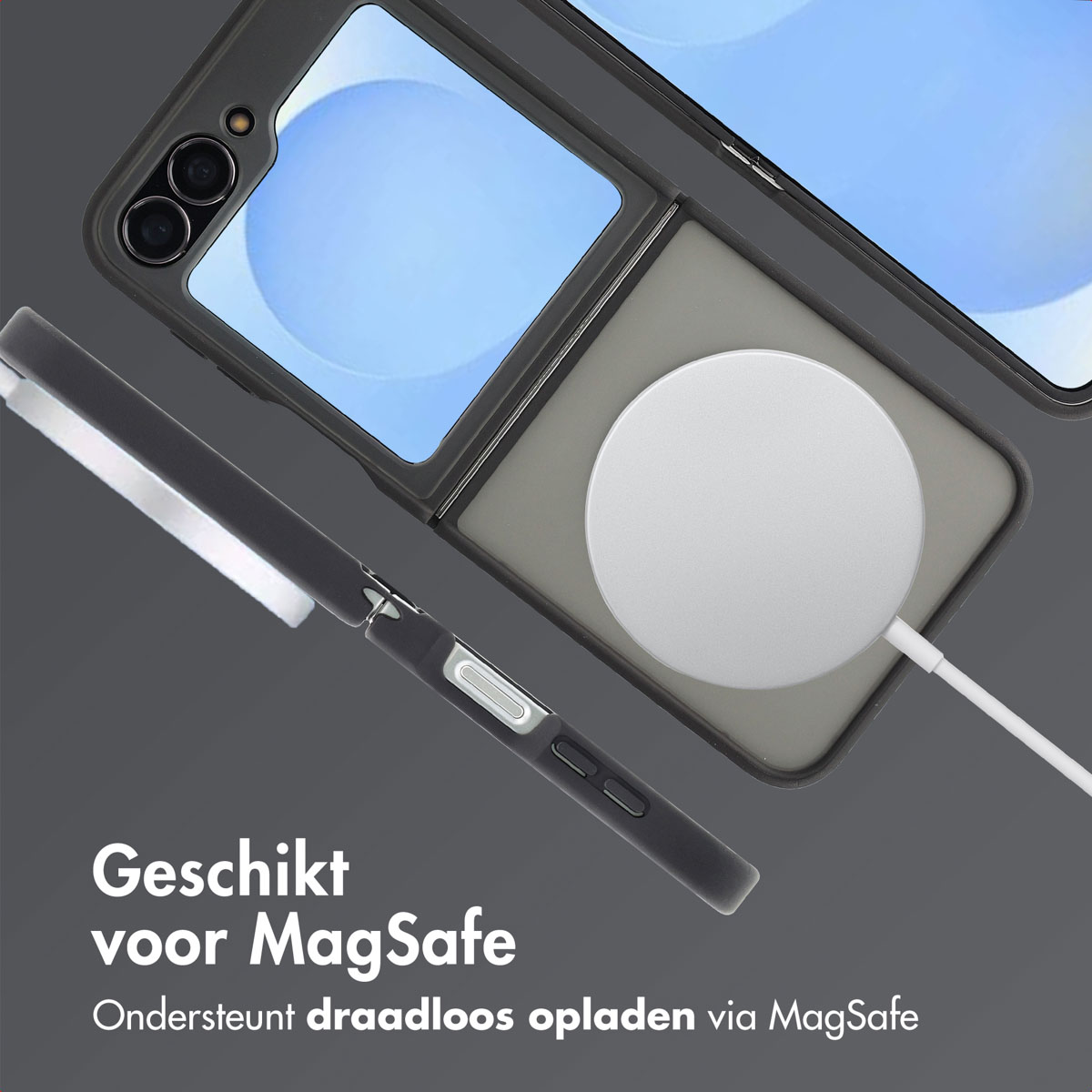 Een telefoonhoesje en oplader worden getoond. De telefoon is open. Een witte oplader is aangesloten. Tekst: 'Geschikt voor MagSafe'.