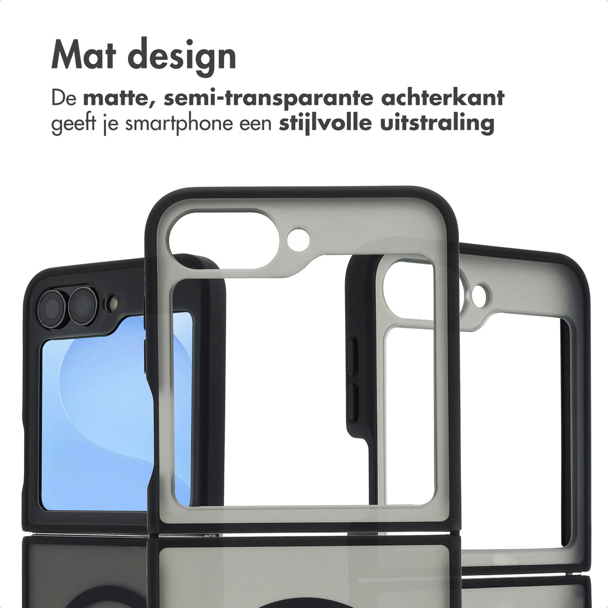 Drie telefoonhoesjes met een mat, semi-transparant ontwerp worden getoond, waarbij de achterkant van een smartphone te zien is.