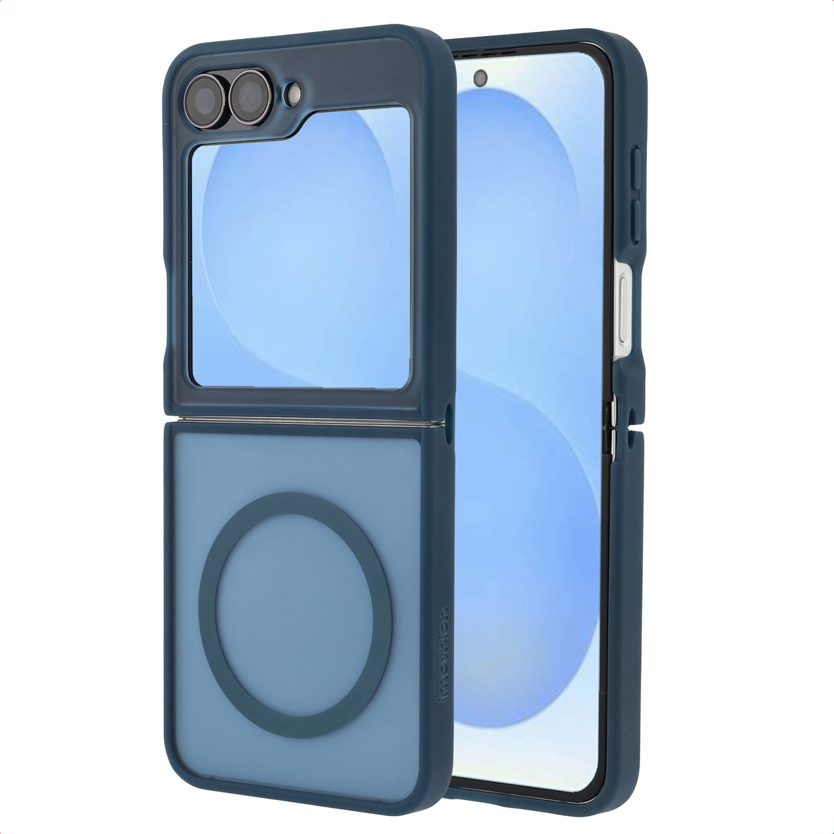 Un étui de téléphone bleu est montré, partiellement ouvert. Le téléphone est visible à travers les sections transparentes. Un design circulaire en bas.
