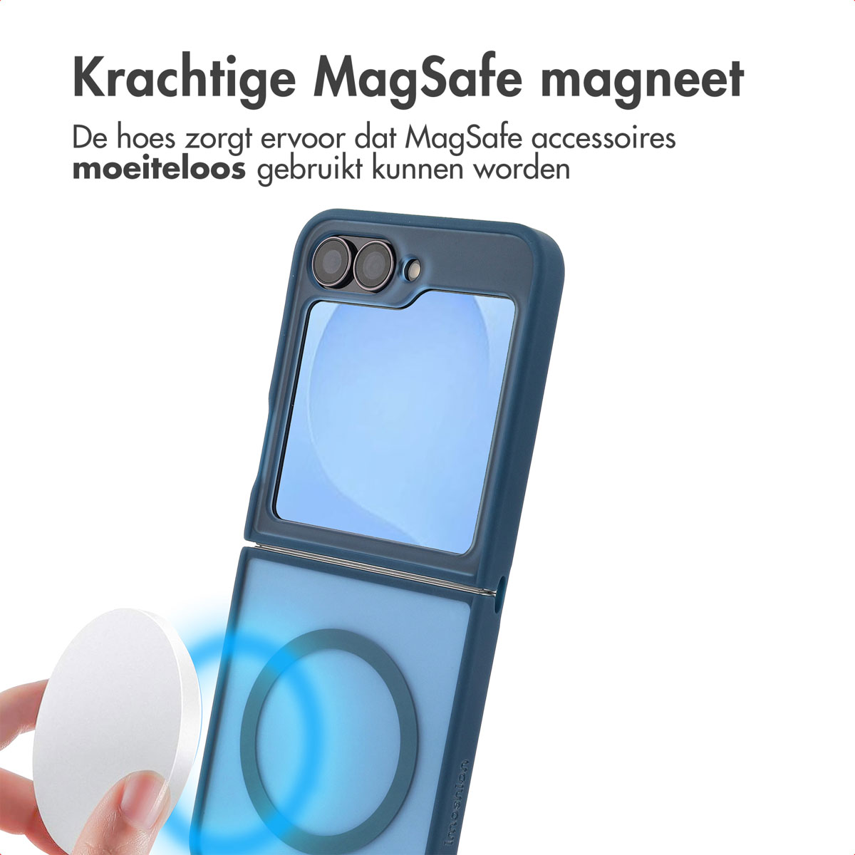 Un étui de téléphone bleu avec un cercle magnétique blanc. L'étui est ouvert, montrant un écran bleu. Texte: Aimant MagSafe.