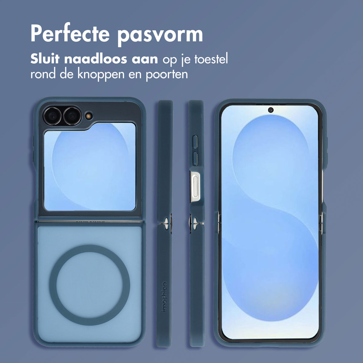 Un étui de téléphone est affiché, montrant des vues avant, latérales et arrière. L'étui est bleu, avec une découpe circulaire.