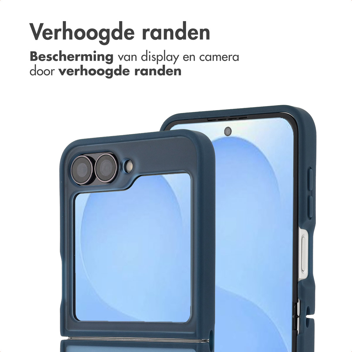 Deux étuis de téléphone bleus, un ouvert, l'autre fermé. Texte néerlandais : « Bords surélevés » et « Protection de l'écran et de l'appareil photo ».