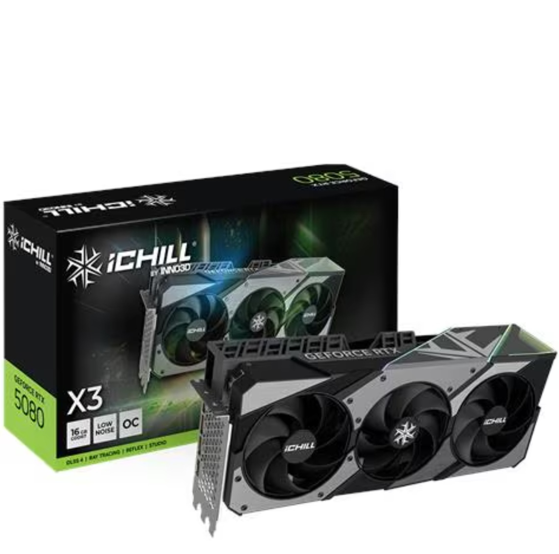A graphics card with three fans is displayed next to its box. The box has the brand iChill and the model GeForce RTX 5080.