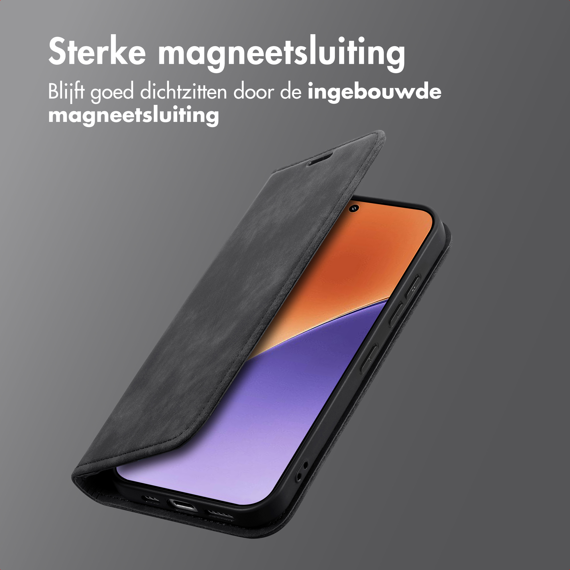 Étui de téléphone noir avec téléphone à l'intérieur. L'étui est ouvert, montrant l'écran. Fond gris.