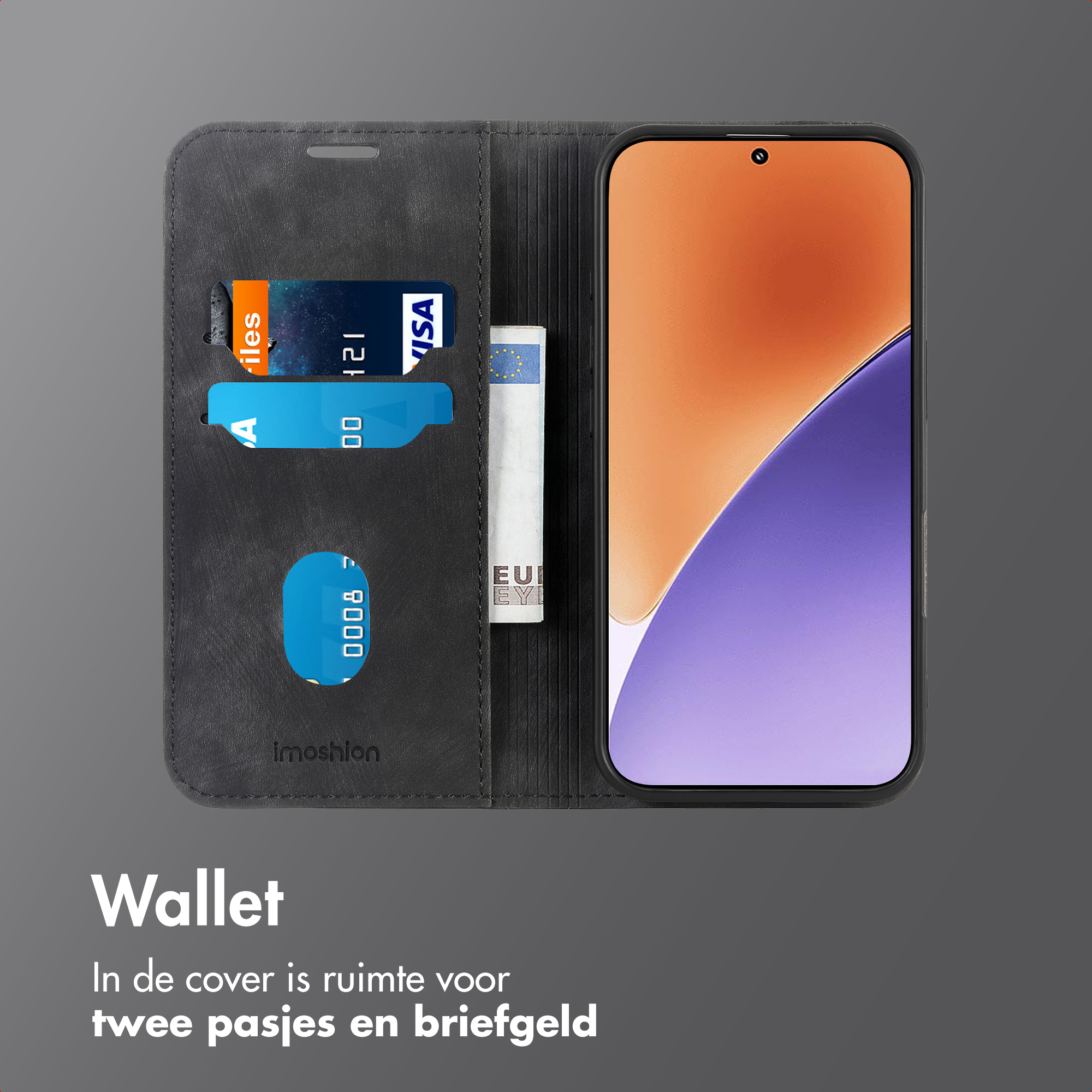 Un portefeuille avec téléphone, cartes de crédit et billet.