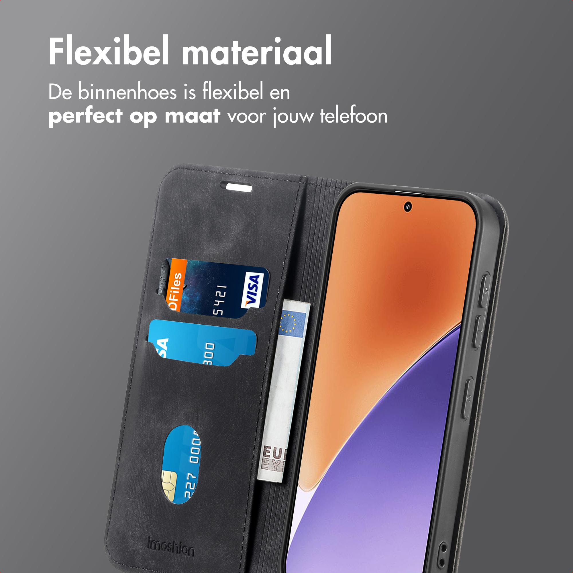Un étui de téléphone avec un téléphone, des cartes de crédit et de l'argent. L'étui est noir, l'écran orange.