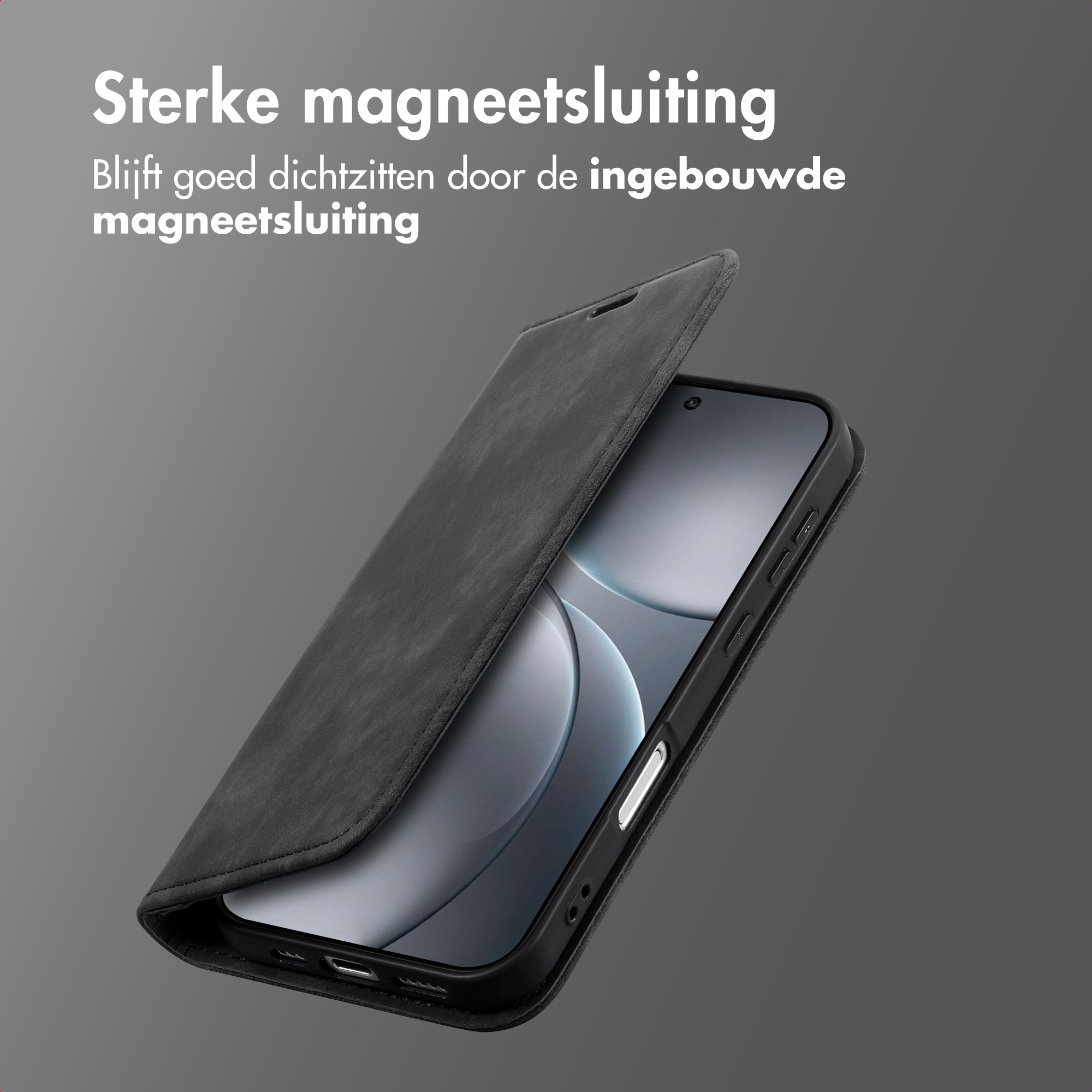 Una custodia nera per telefono con chiusura magnetica è aperta, rivelando lo schermo. Lo sfondo è grigio.