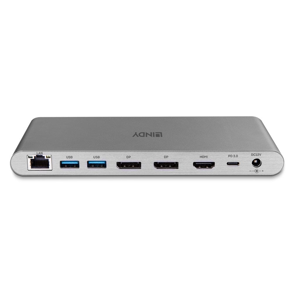 Une station d'accueil Lindy grise avec divers ports étiquetés LAN, USB, DP, HDMI et DC12V. Fond blanc.