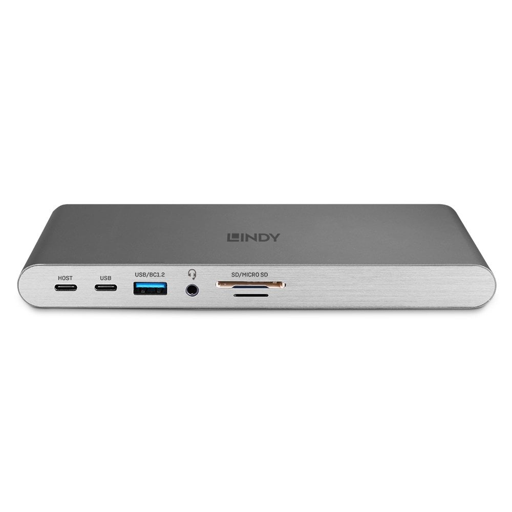 Un appareil LINDY argent et gris est affiché sur fond blanc. Il possède divers ports étiquetés HOST, USB, USB/BC1.2, etc.