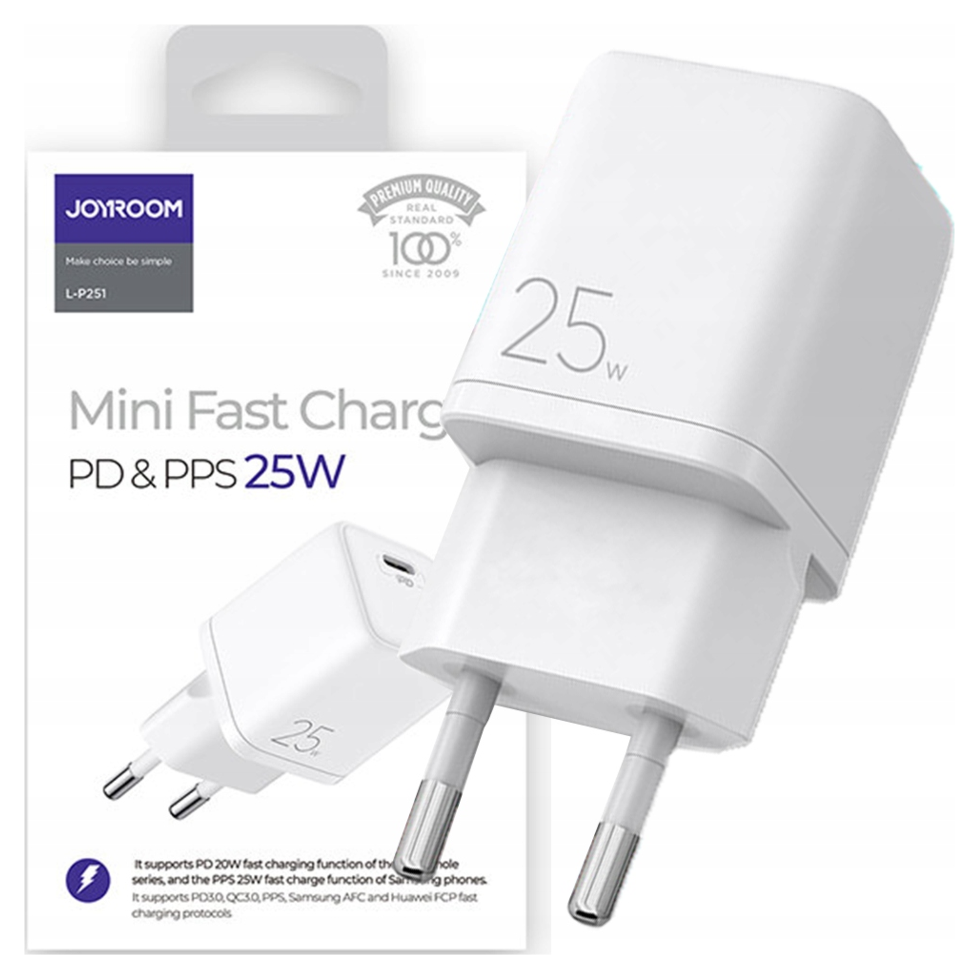 Weißes Joyroom 25W Mini-Schnellladegerät. Es hat zwei Stifte und einen USB-C-Anschluss. Text auf der Verpackung weist auf schnelles Laden hin.