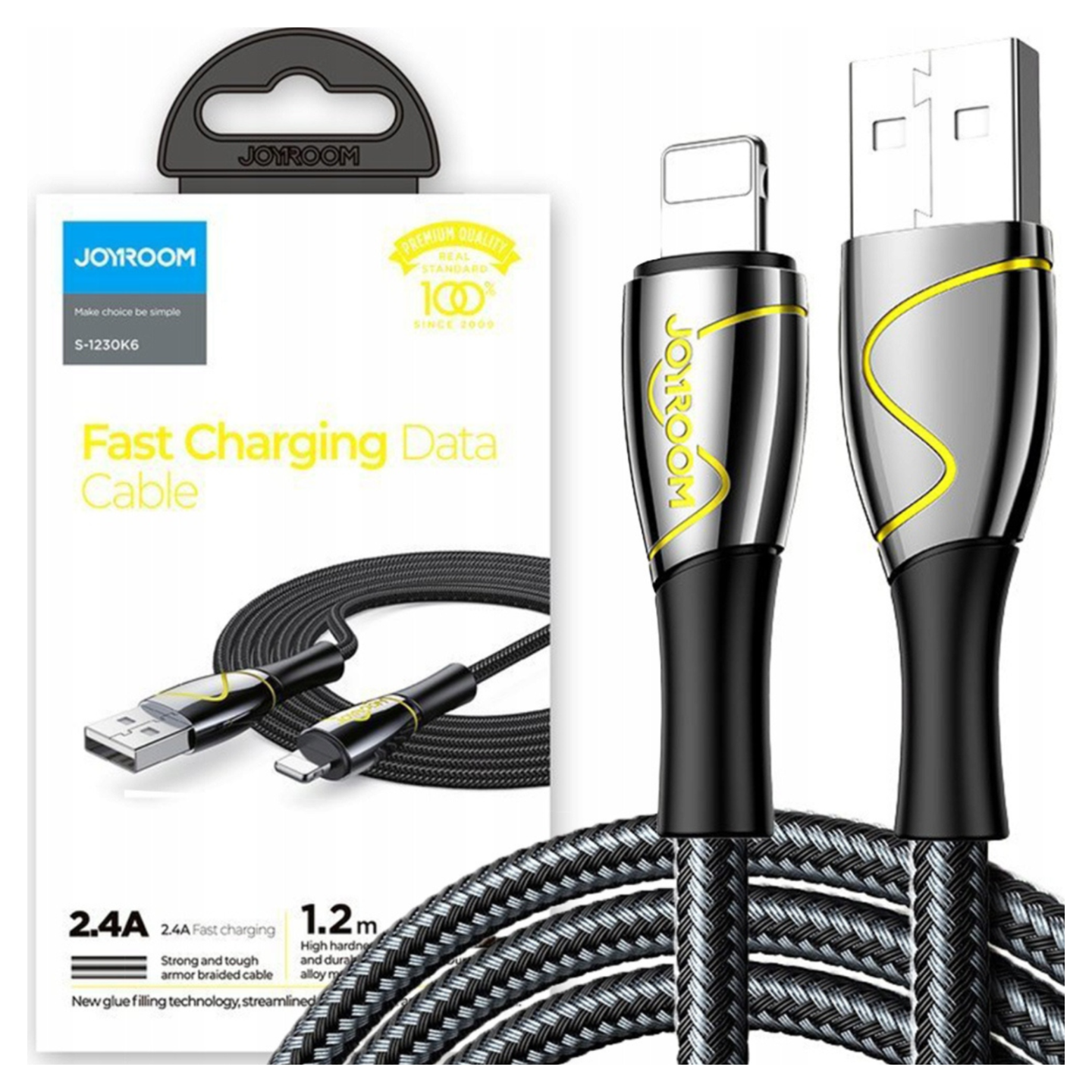 Ein Joyroom-Schnelllade-Datenkabel. Das Kabel ist schwarz und grau, mit einem USB- und Lightning-Anschluss. Die Verpackung ist weiß.