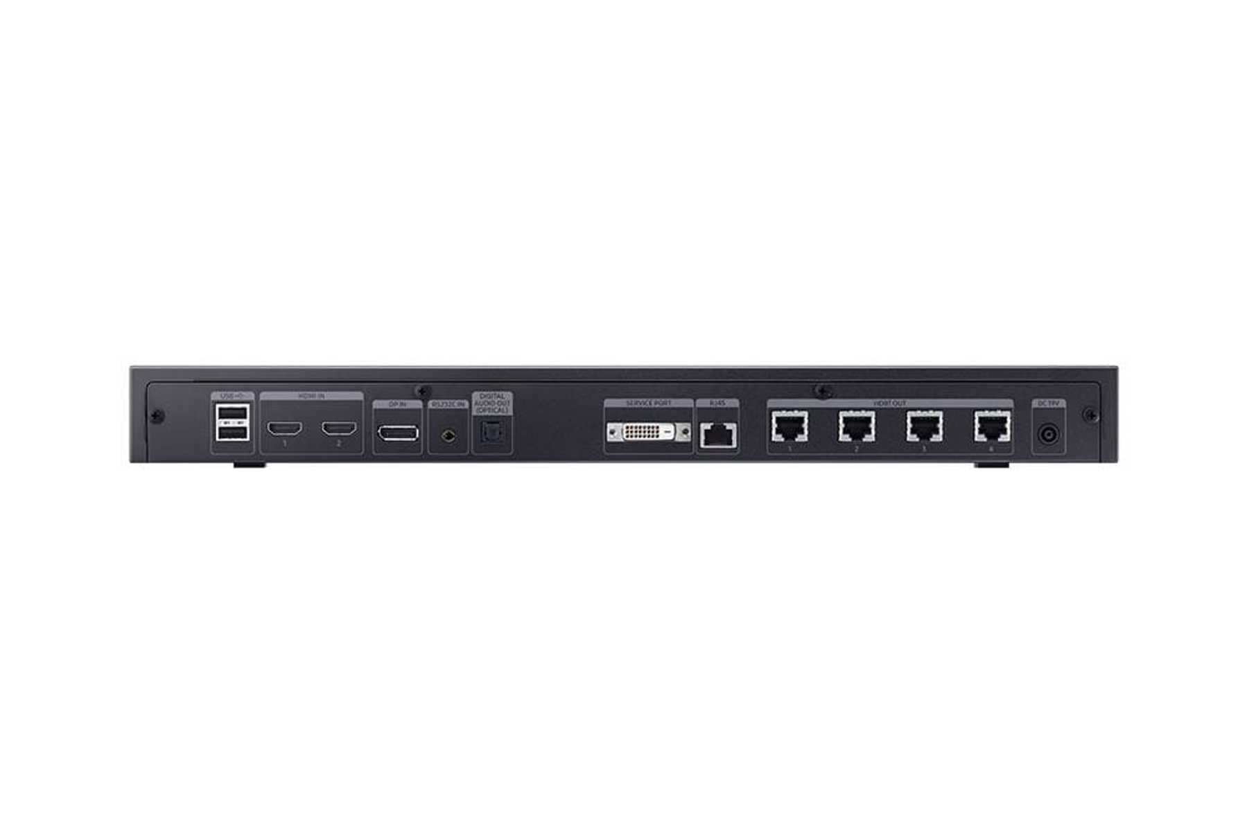 Ein schwarzes elektronisches Gerät mit verschiedenen Anschlüssen, darunter HDMI, USB und Netzwerkanschlüsse, auf weißem Hintergrund.