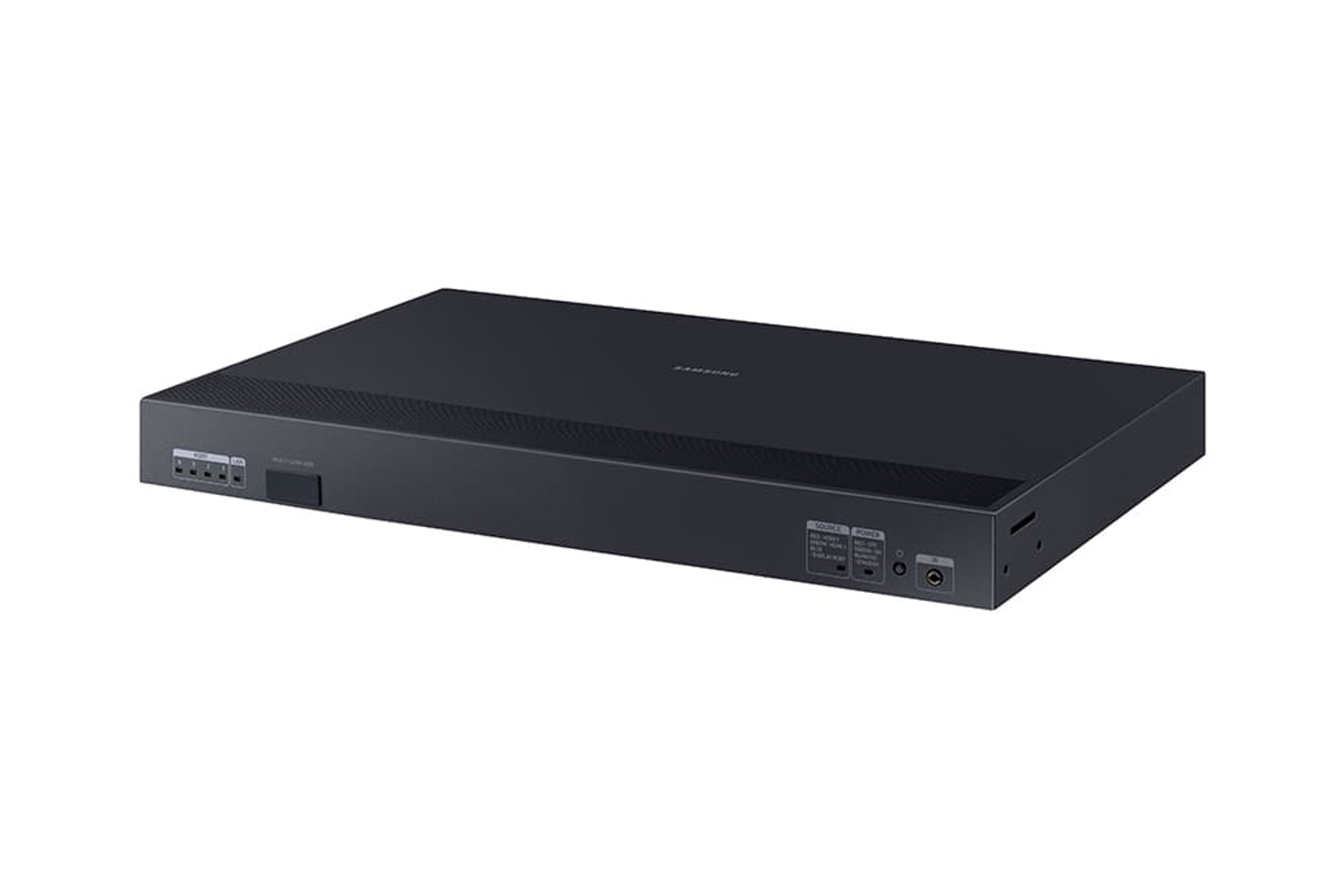 Dunkelgraue Samsung-Soundbar. Sie hat verschiedene Anschlüsse und Knöpfe auf der Vorder- und Rückseite. Der Name der Marke steht oben.