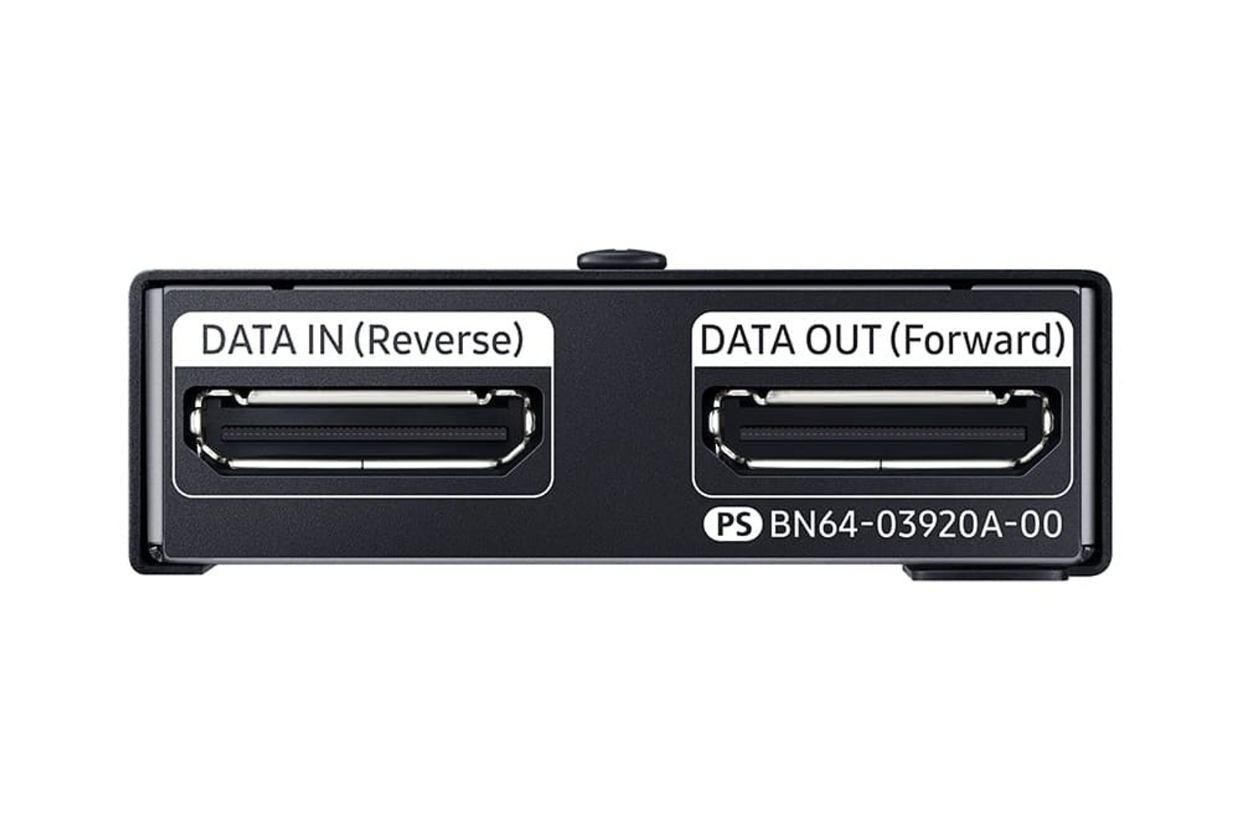 Schwarzes Gerät mit zwei HDMI-Anschlüssen mit der Bezeichnung 'DATA IN (Reverse)' und 'DATA OUT (Forward)'. Modellnummer BN64-03920A-00.