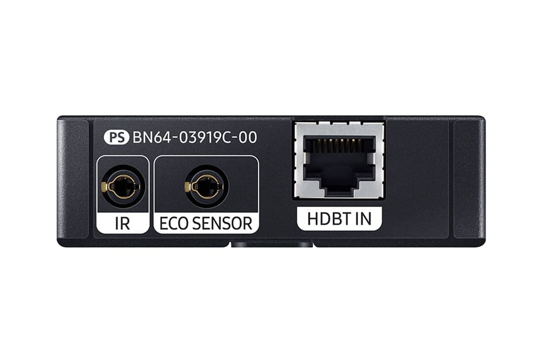 Schwarzes Gerät mit IR-, ECO SENSOR- und HDBT IN-Anschlüssen. Es hat einen Netzwerkanschluss und Modellinformationen.
