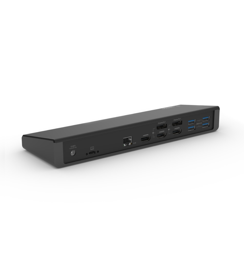 Eine schwarze Dockingstation mit mehreren Anschlüssen. DisplayPort-, HDMI-, USB- und Ethernet-Anschlüsse sind sichtbar. Es liegt auf einer weißen Oberfläche.
