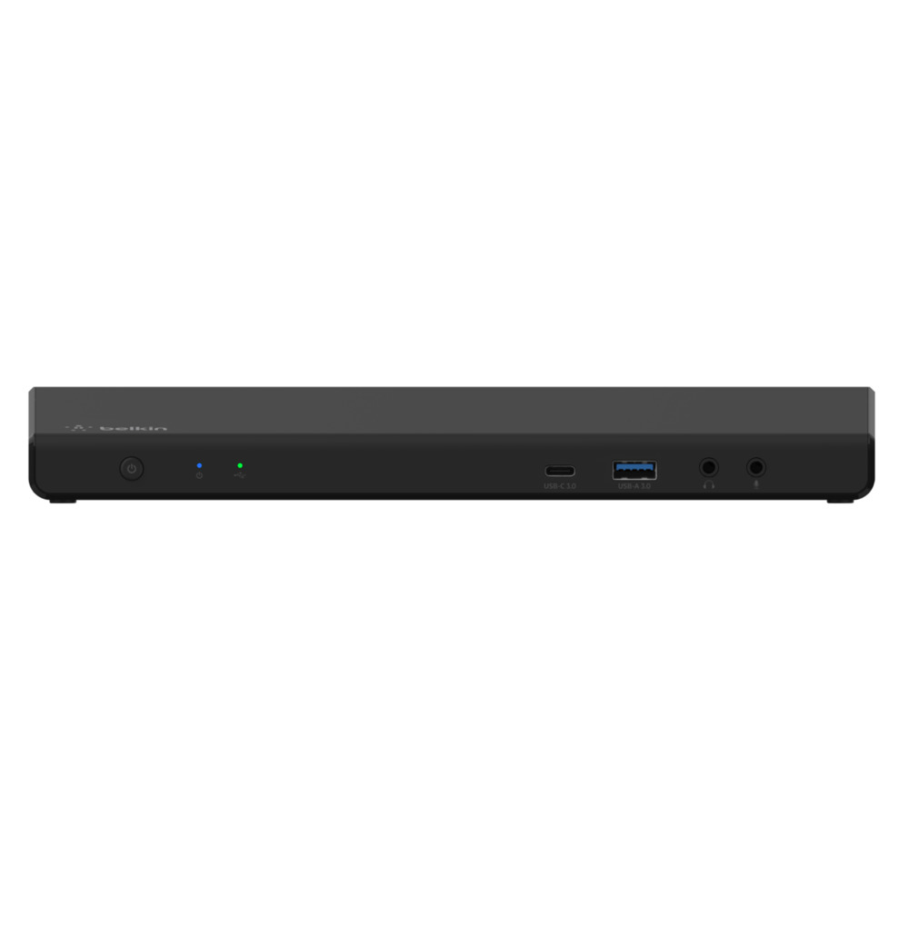 Eine schwarze Belkin-Dockingstation mit mehreren Anschlüssen. Enthält USB-C, USB-A und Audioanschlüsse. Strom- und Status-LEDs sind sichtbar.