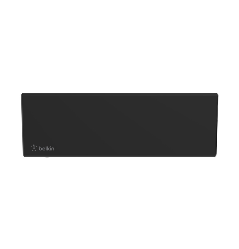 Ein schwarzes Belkin-Gerät, rechteckig, horizontal liegend. Das Belkin-Logo befindet sich links. Weißer Hintergrund.