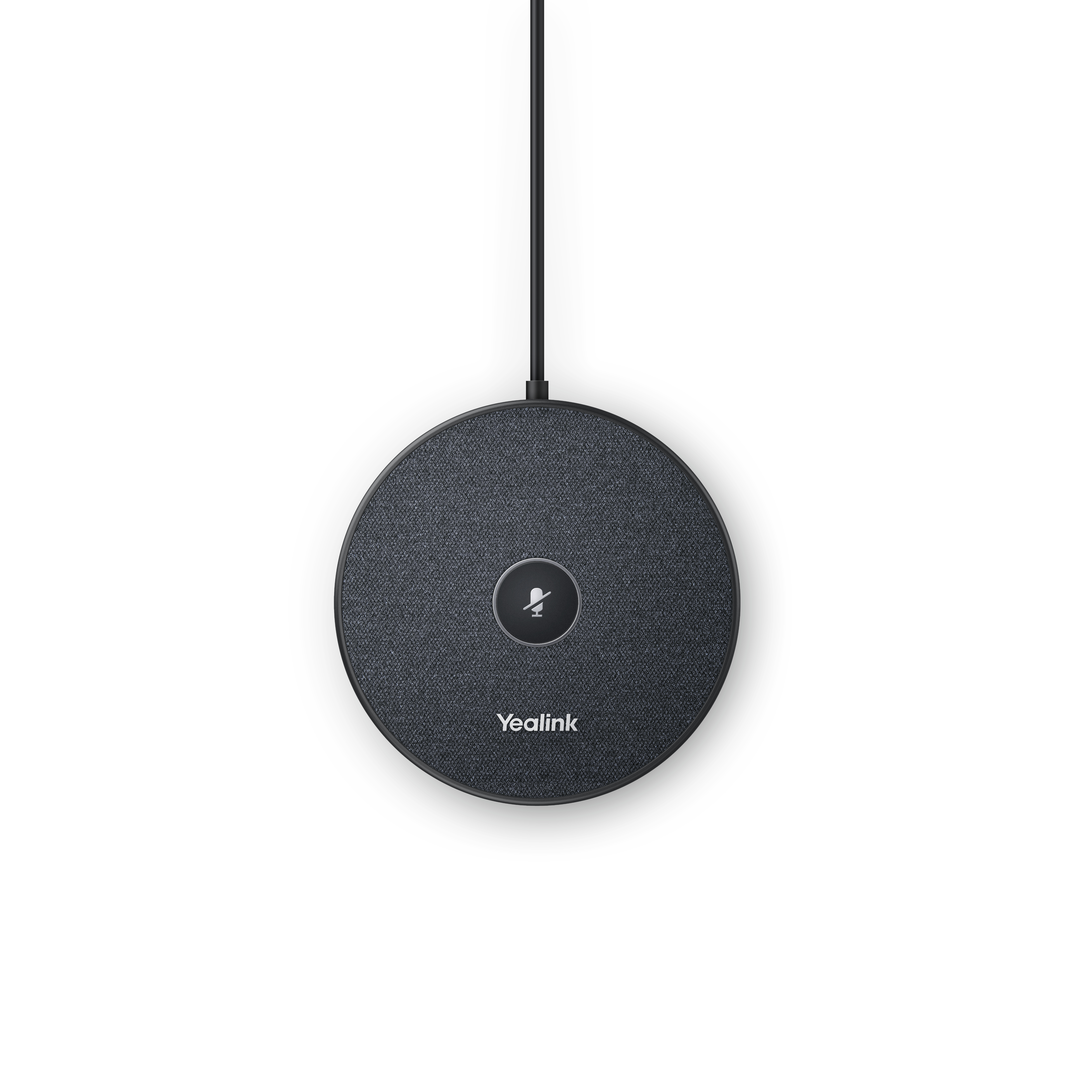 Un altoparlante per conferenze Yealink rotondo e nero è appeso a un cavo nero su sfondo bianco.