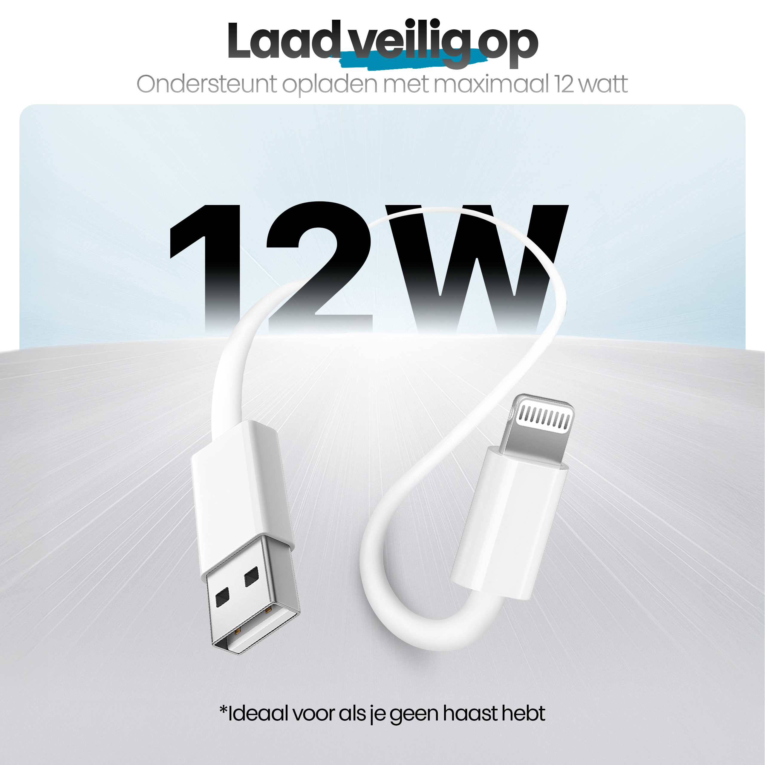 Afbeelding toont een witte oplaadkabel met USB- en Lightning-connector, met de tekst '12W' en 'Veilig opladen'.