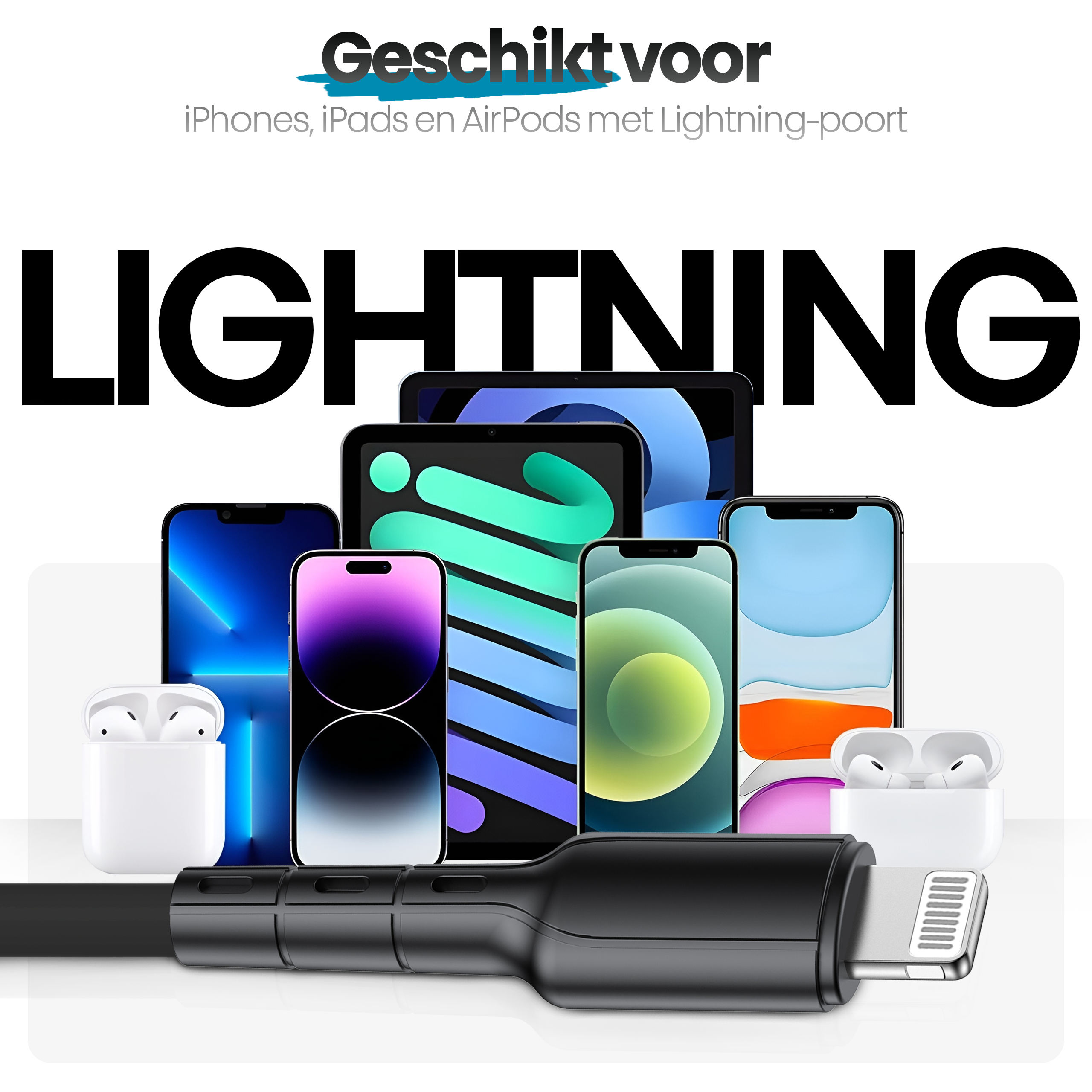 Afbeelding toont iPhones, iPads en AirPods, een Lightning-kabel en het woord LIGHTNING in grote zwarte letters.