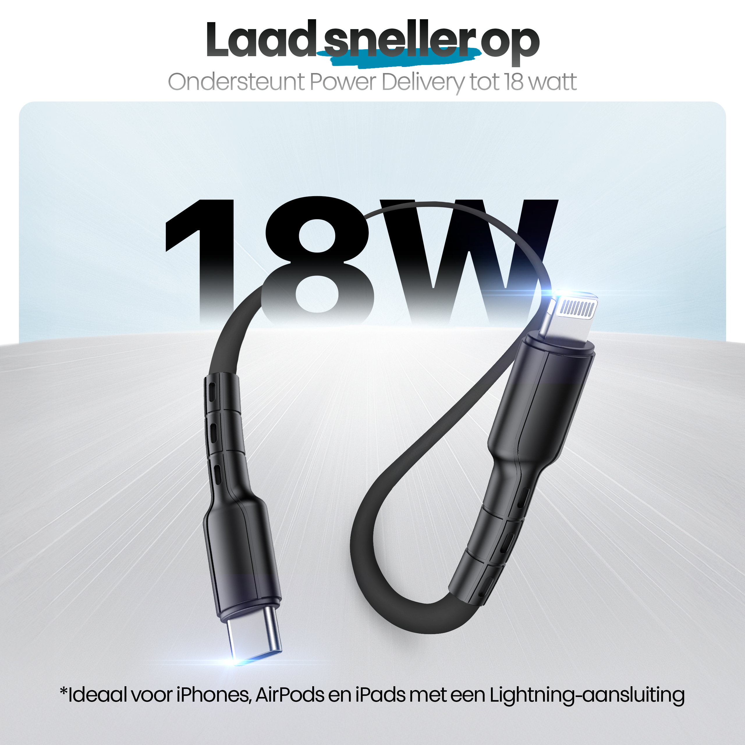 Zwarte oplaadkabel met USB-C- en Lightning-connectoren. Tekst zegt '18W' en 'Ideaal voor iPhones, AirPods'.