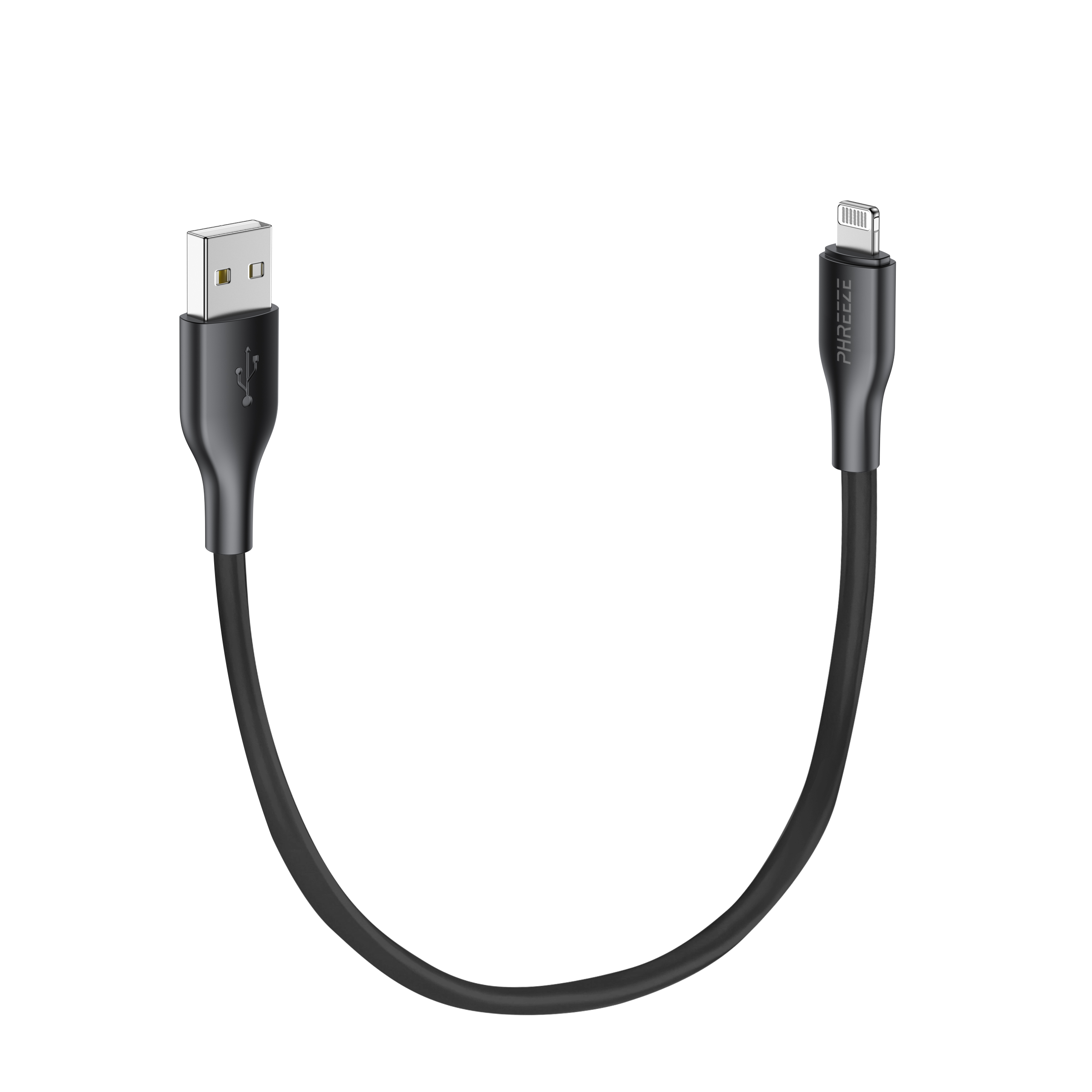 A black USB to Lightning cable is shown against a white background. The brand name is visible.