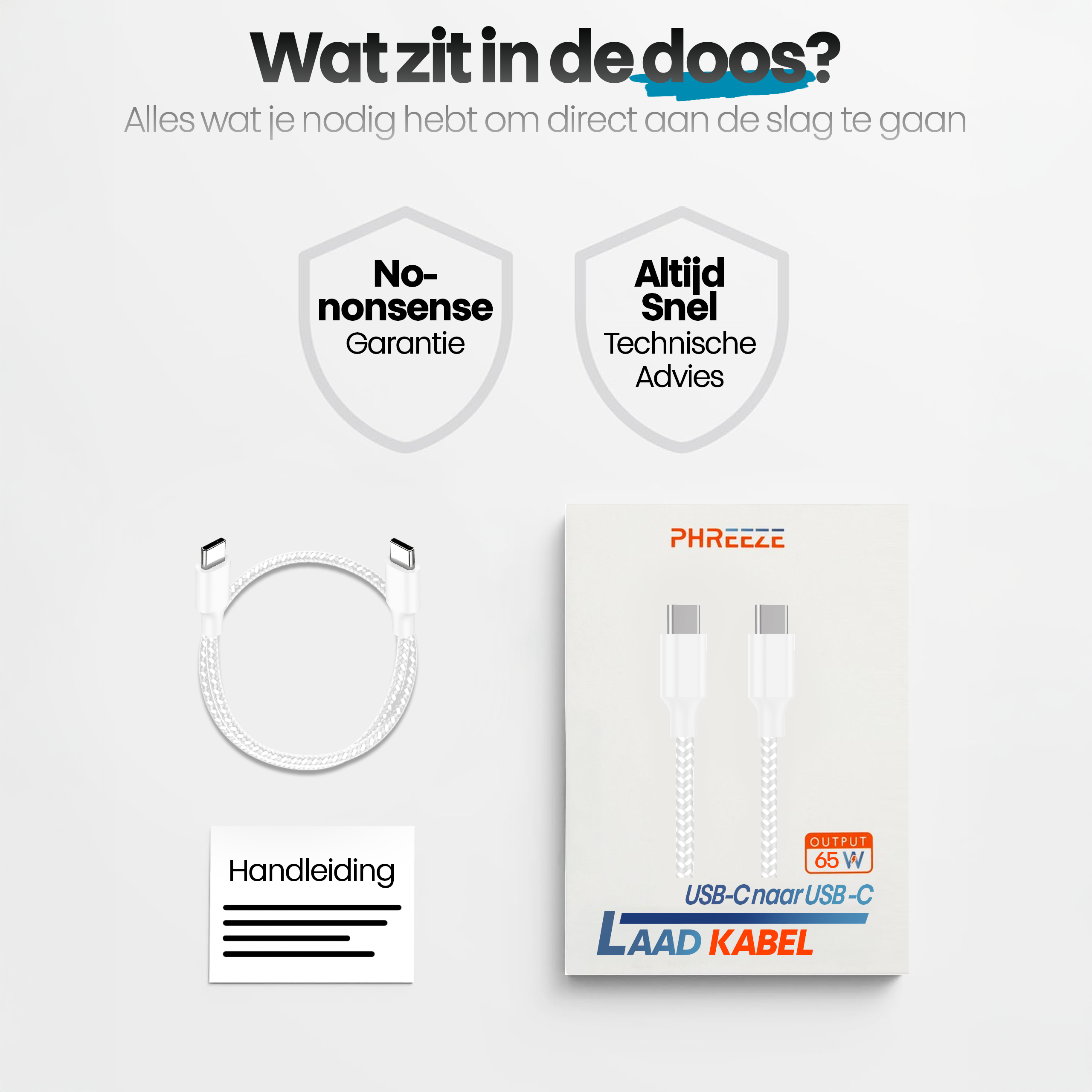 Afbeelding toont witte USB-C oplaadkabel, doos met merknaam en tekst in het Nederlands.