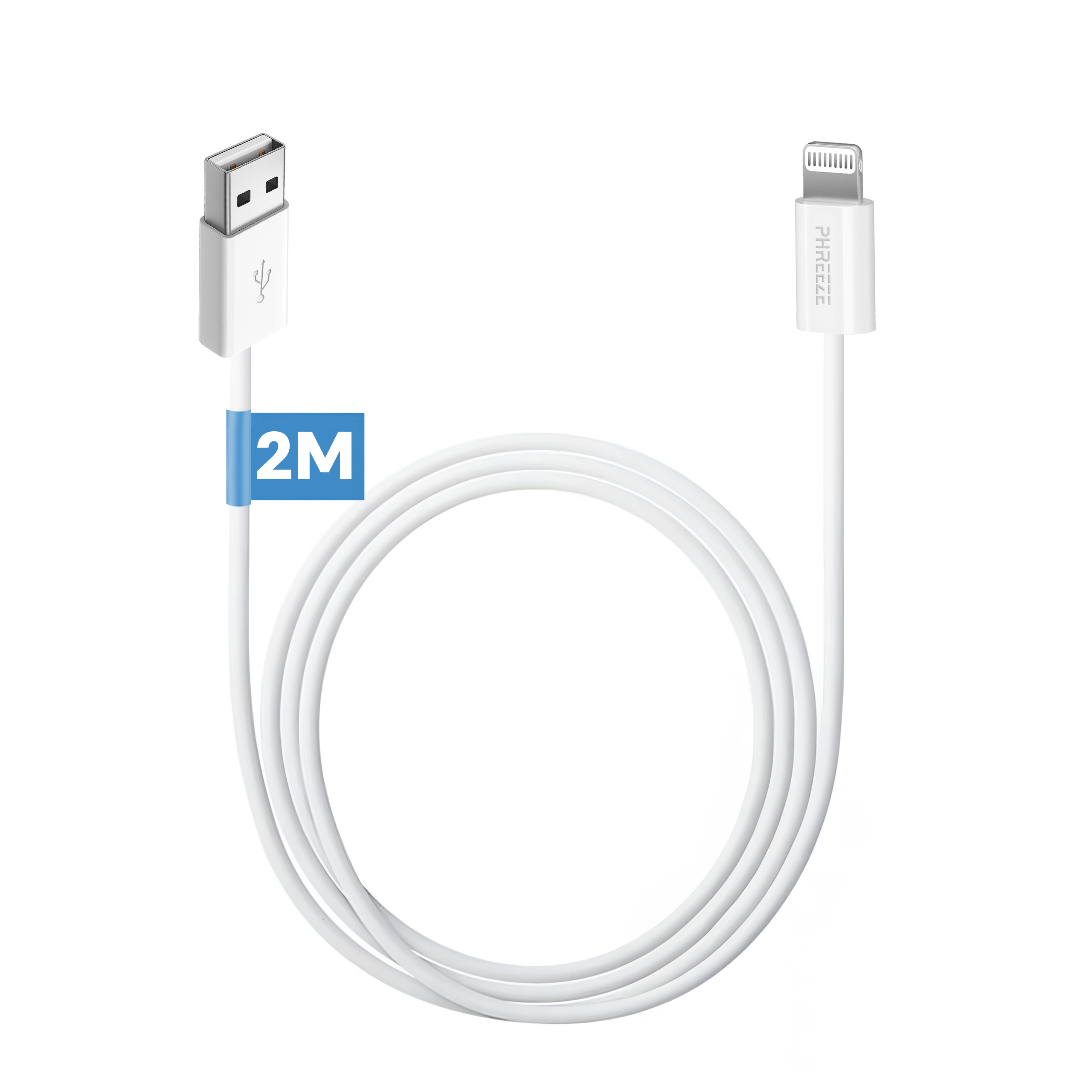 Witte USB naar Lightning kabel. De kabel is opgerold. Een blauw label zegt 2M. Witte achtergrond.