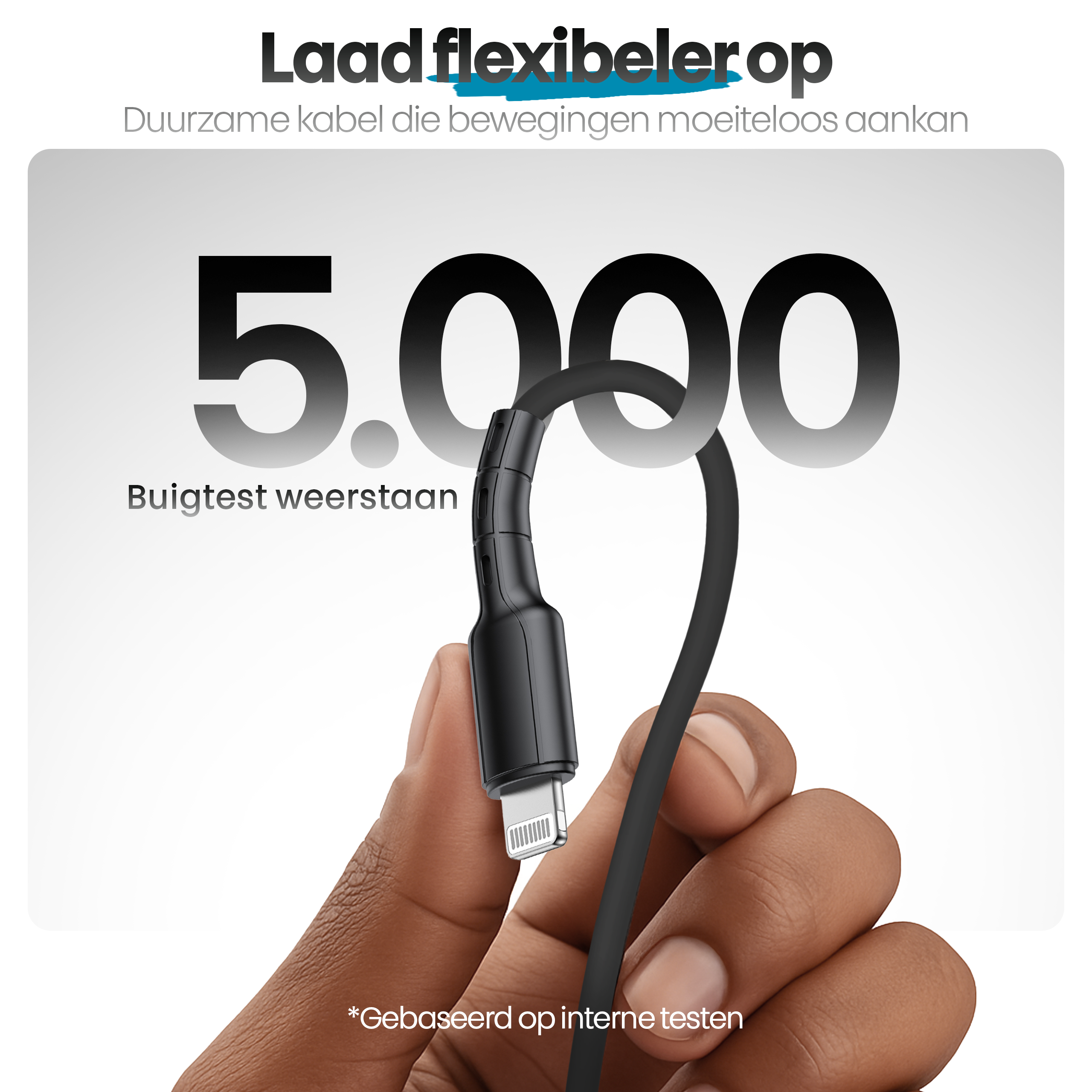 Een hand houdt een zwarte oplaadkabel vast. De kabel is in een lus gebogen. Tekst zegt '5.000' en 'buigtest weerstaan'.