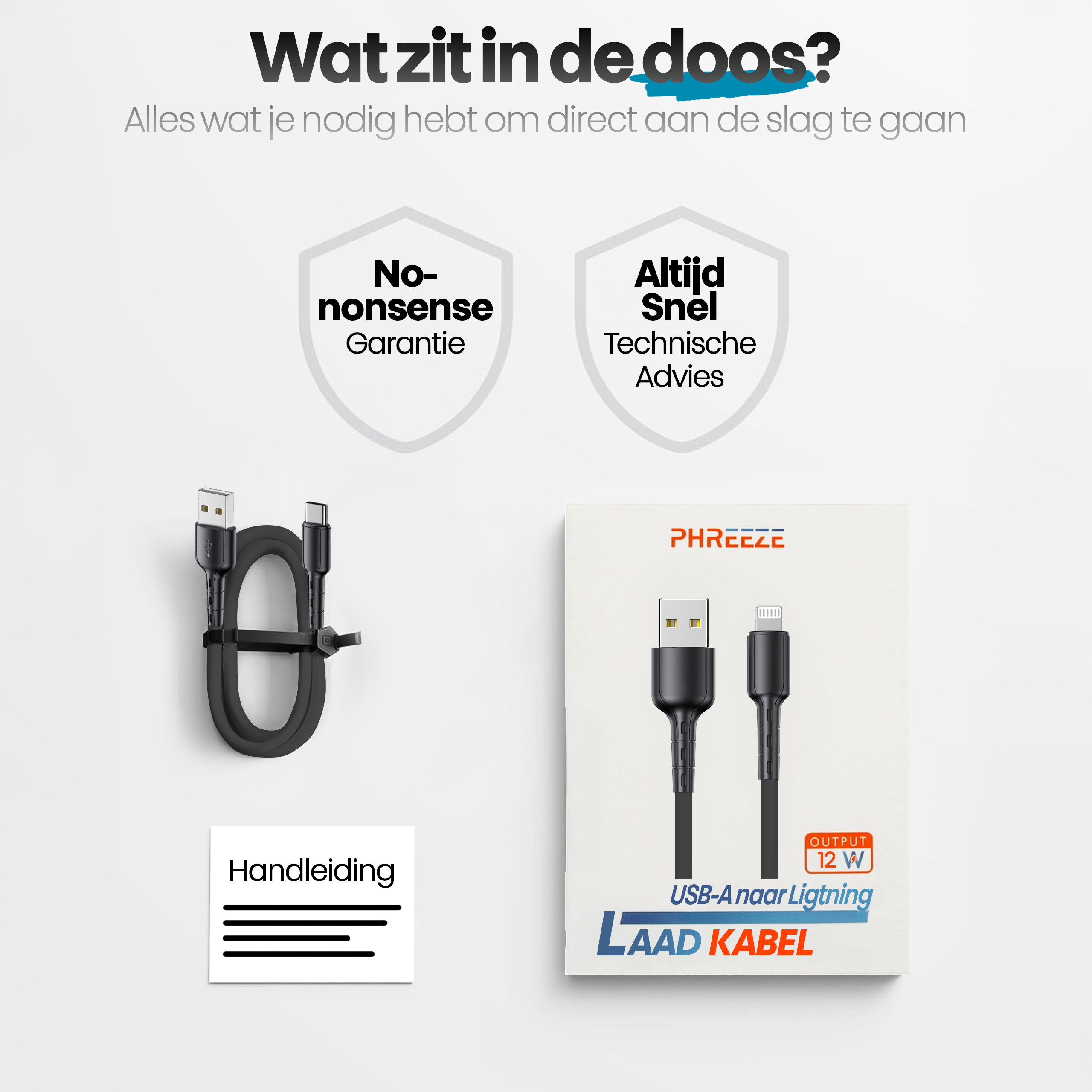 Image shows a black USB cable, a white box with a black cable inside and text in Dutch.
