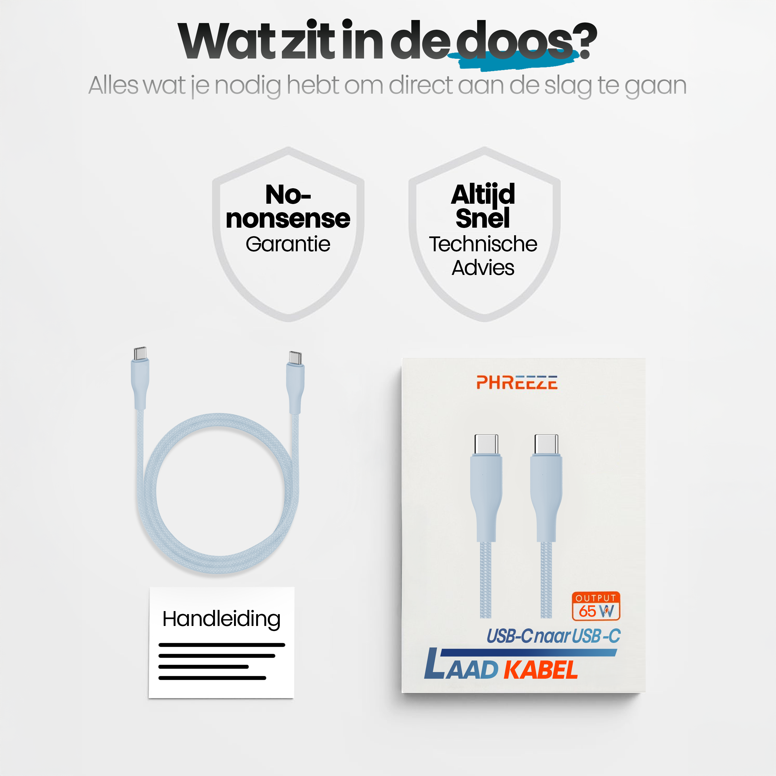 Afbeelding toont een blauwe USB-C kabel, een doos met een vergelijkbare kabel en tekst in het Nederlands die het product promoot.