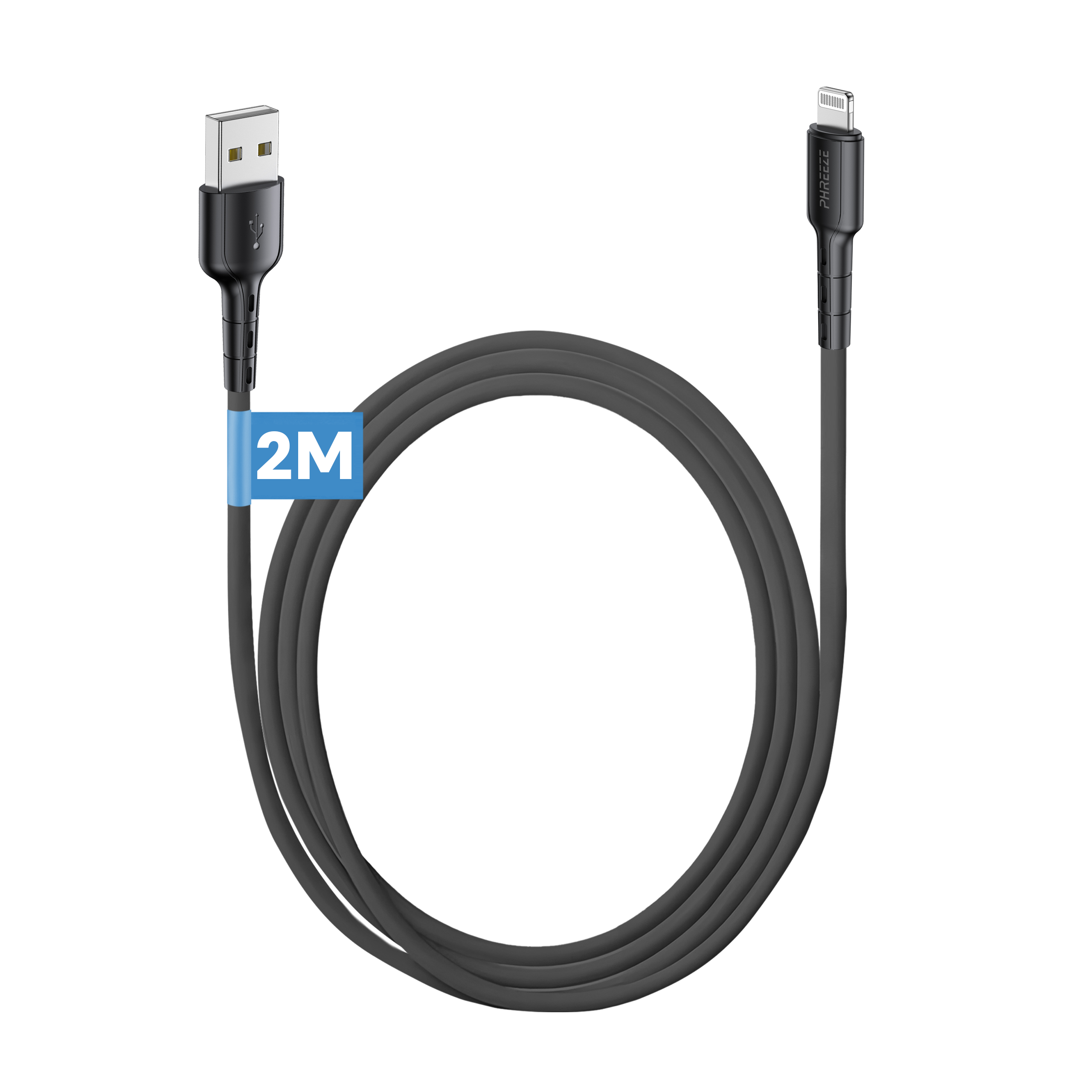 A black USB to lightning cable. The cable is coiled, with a blue 2M sticker. White background.