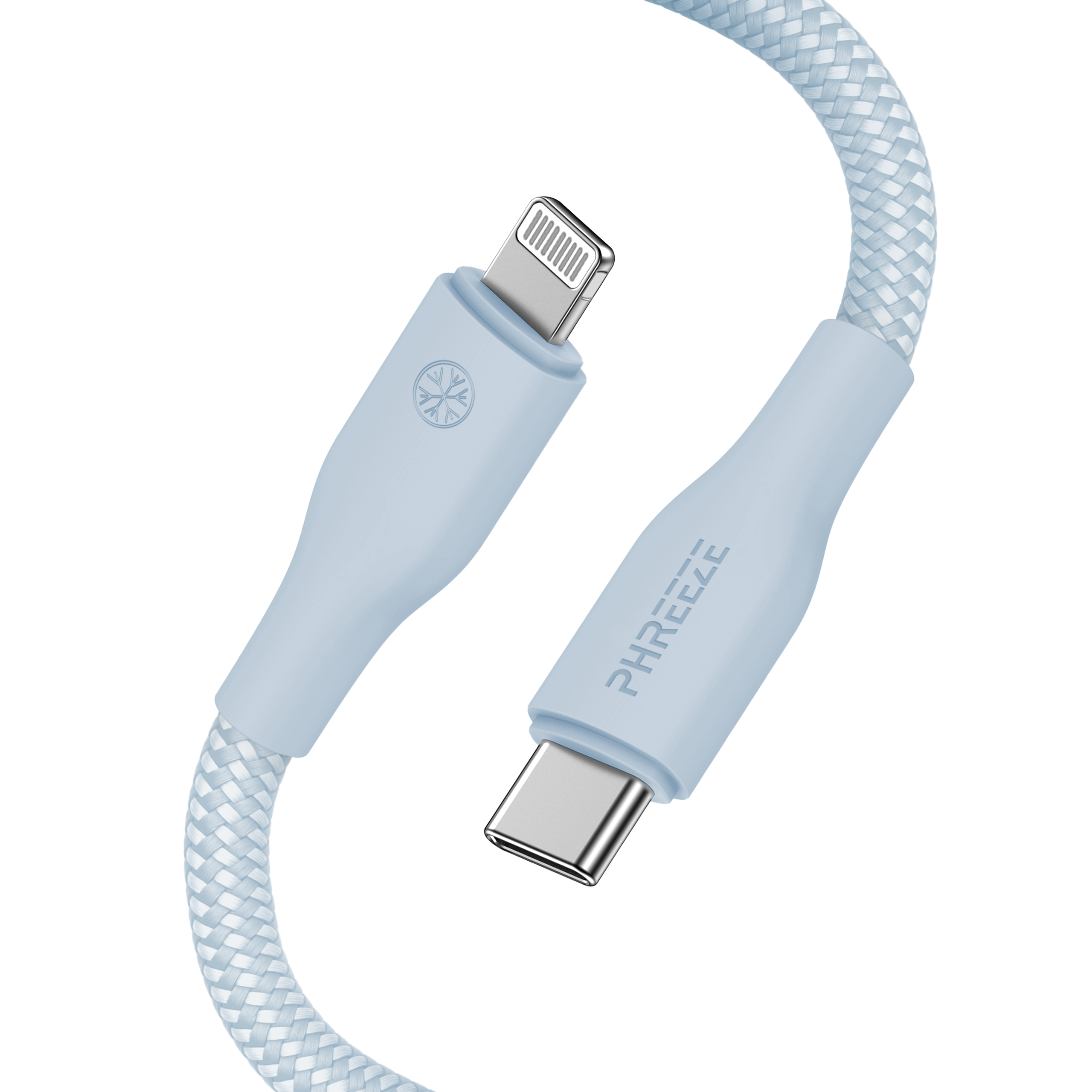 Een lichtblauwe gevlochten oplaadkabel met Lightning- en USB-C-connectoren, merk PHREEZE, tegen een witte achtergrond.
