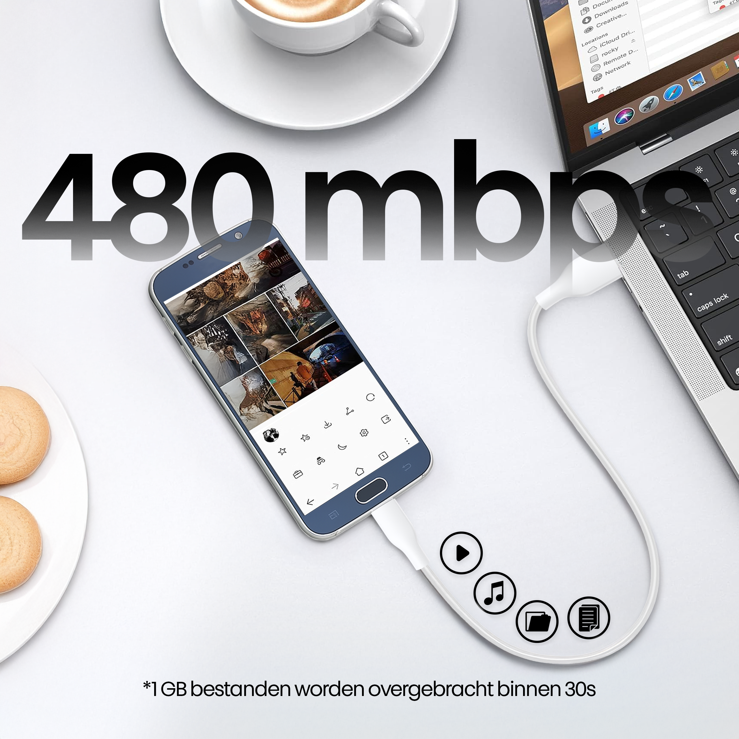 Phone connected to laptop, displaying images. A coffee cup, cookies, and a '480 mbps' graphic are present.