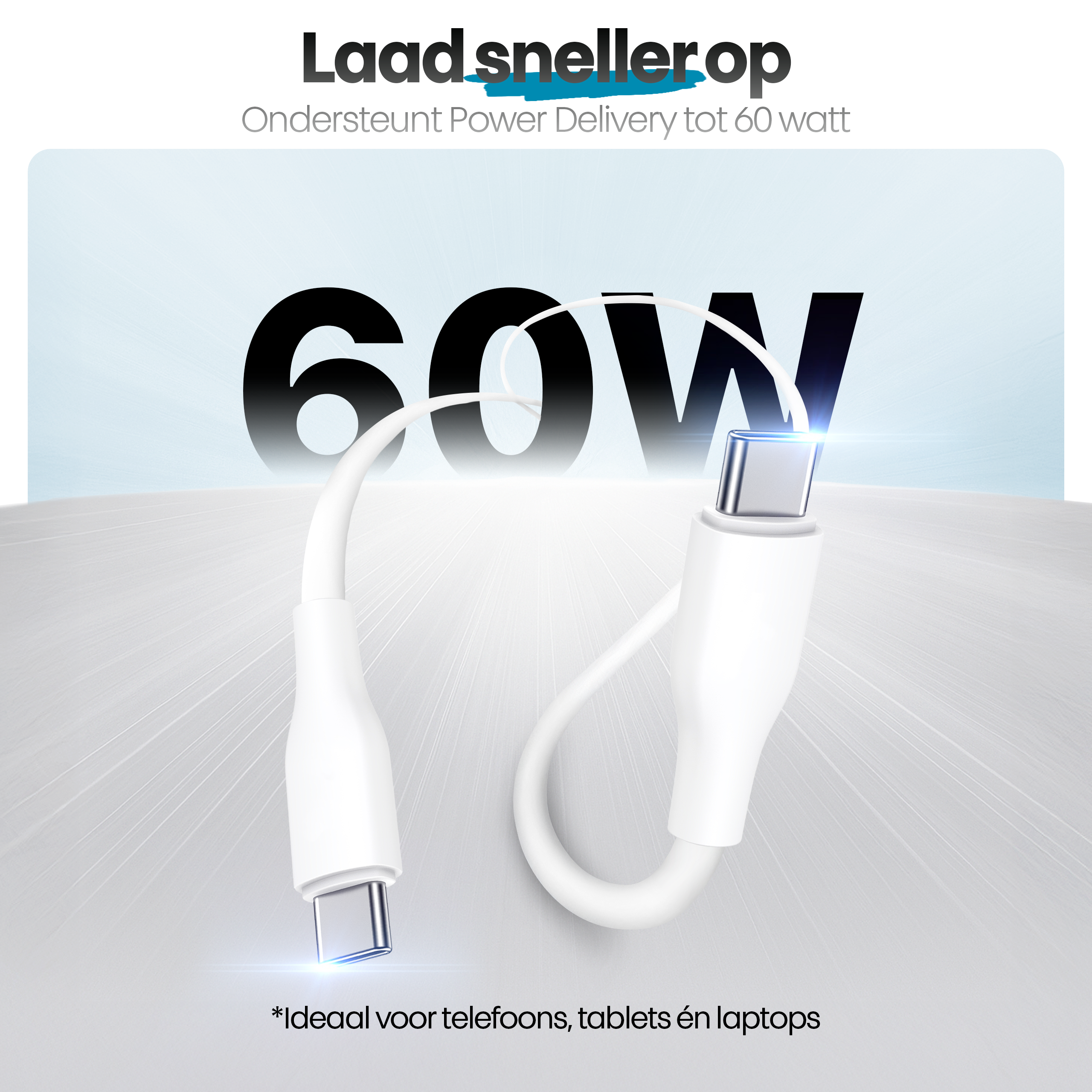 Afbeelding toont witte oplaadkabel. Tekst geeft 60W stroomvoorziening aan, ideaal voor telefoons, tablets en laptops.
