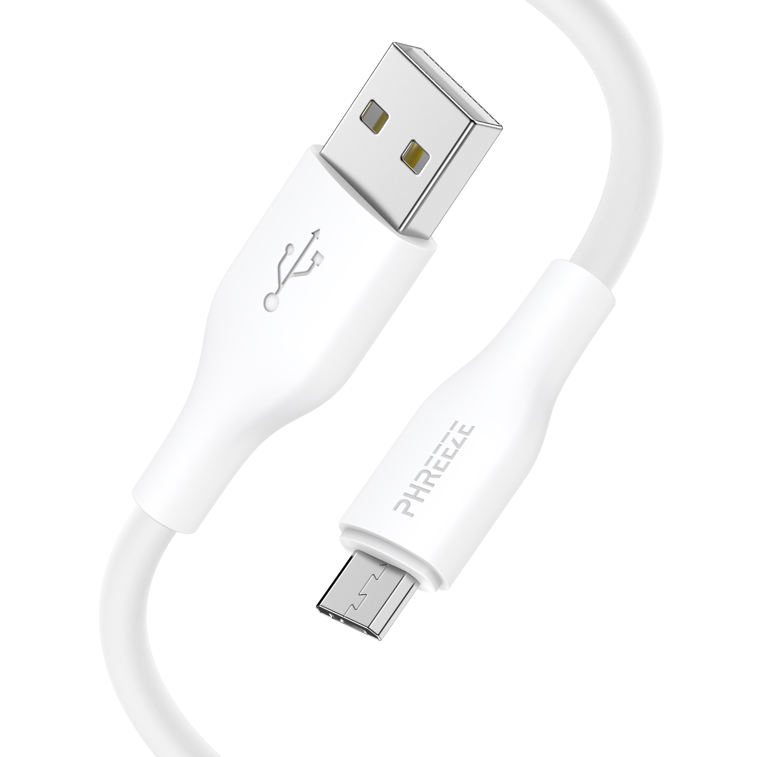 A white USB to micro USB cable. The cable has USB and micro USB connectors. Brand name PHREEZE is on the cable.