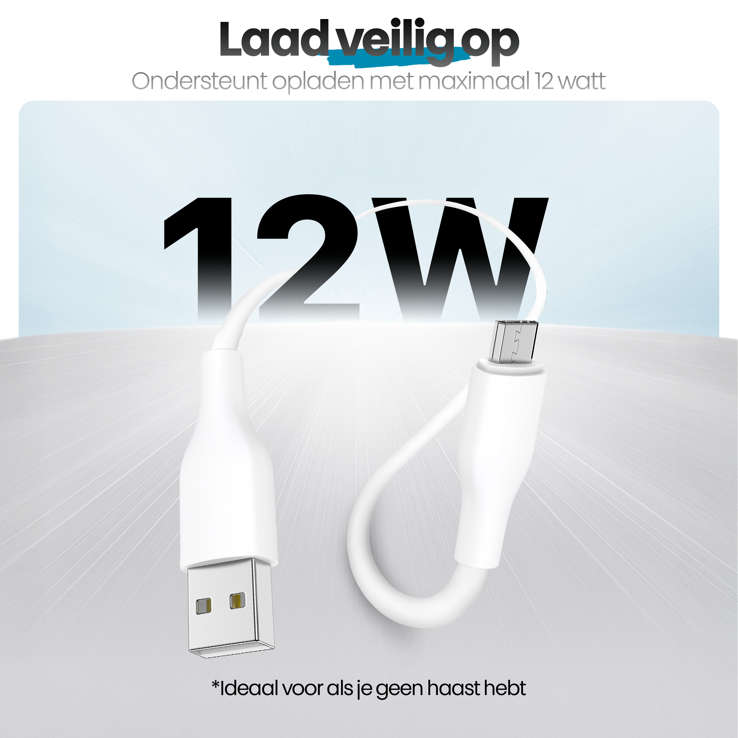 Image shows a white charging cable with USB and USB-C connectors, and the text "12W".