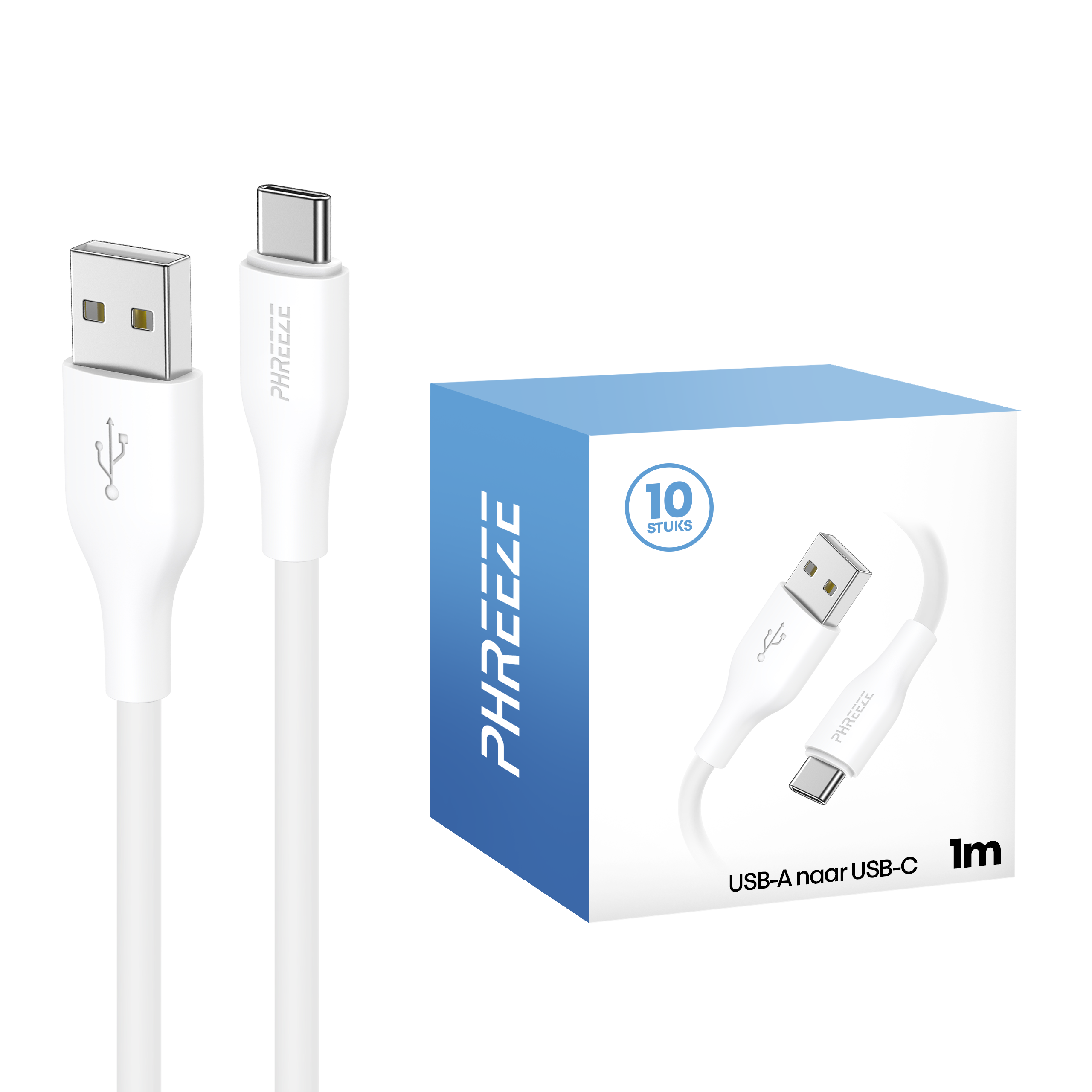 Witte USB-kabels met USB-A en USB-C connectoren, een blauwe doos met kabelafbeelding en tekst.