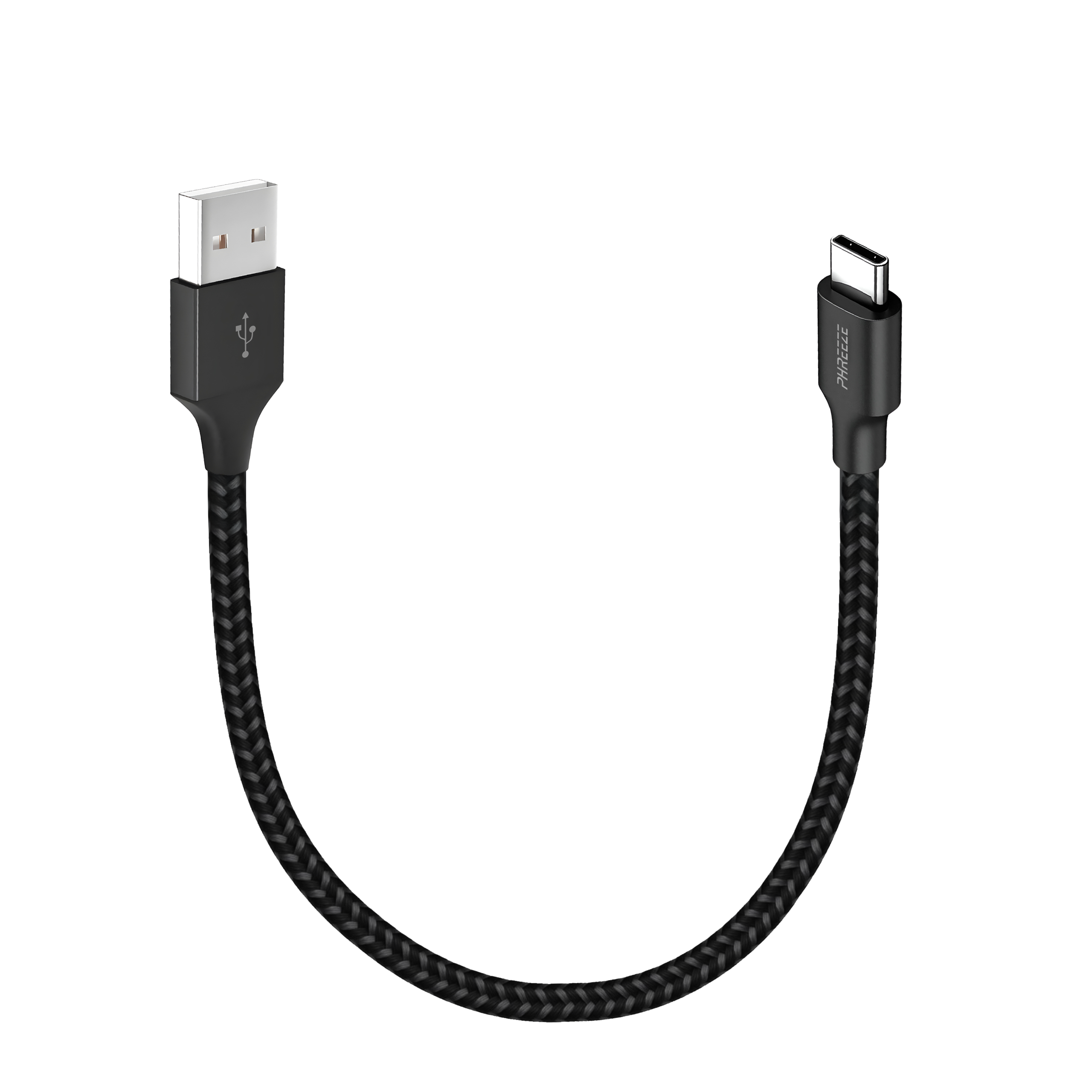 Een zwarte USB-C naar USB-A kabel met een gevlochten ontwerp. De achtergrond is wit.