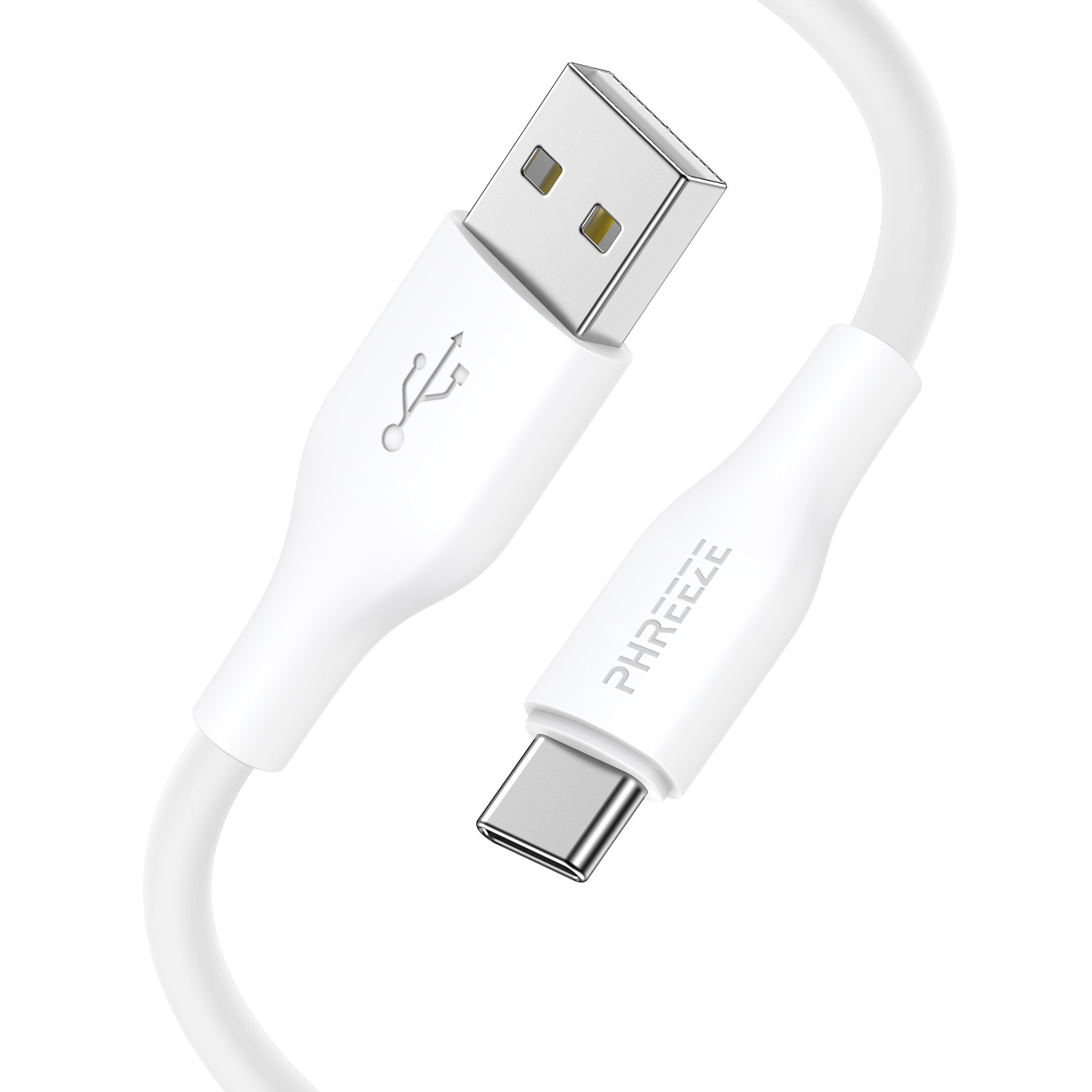 Witte USB-A naar USB-C kabel. Eén uiteinde heeft een USB-A connector, de andere een USB-C connector. Het merk is PHREEZE.