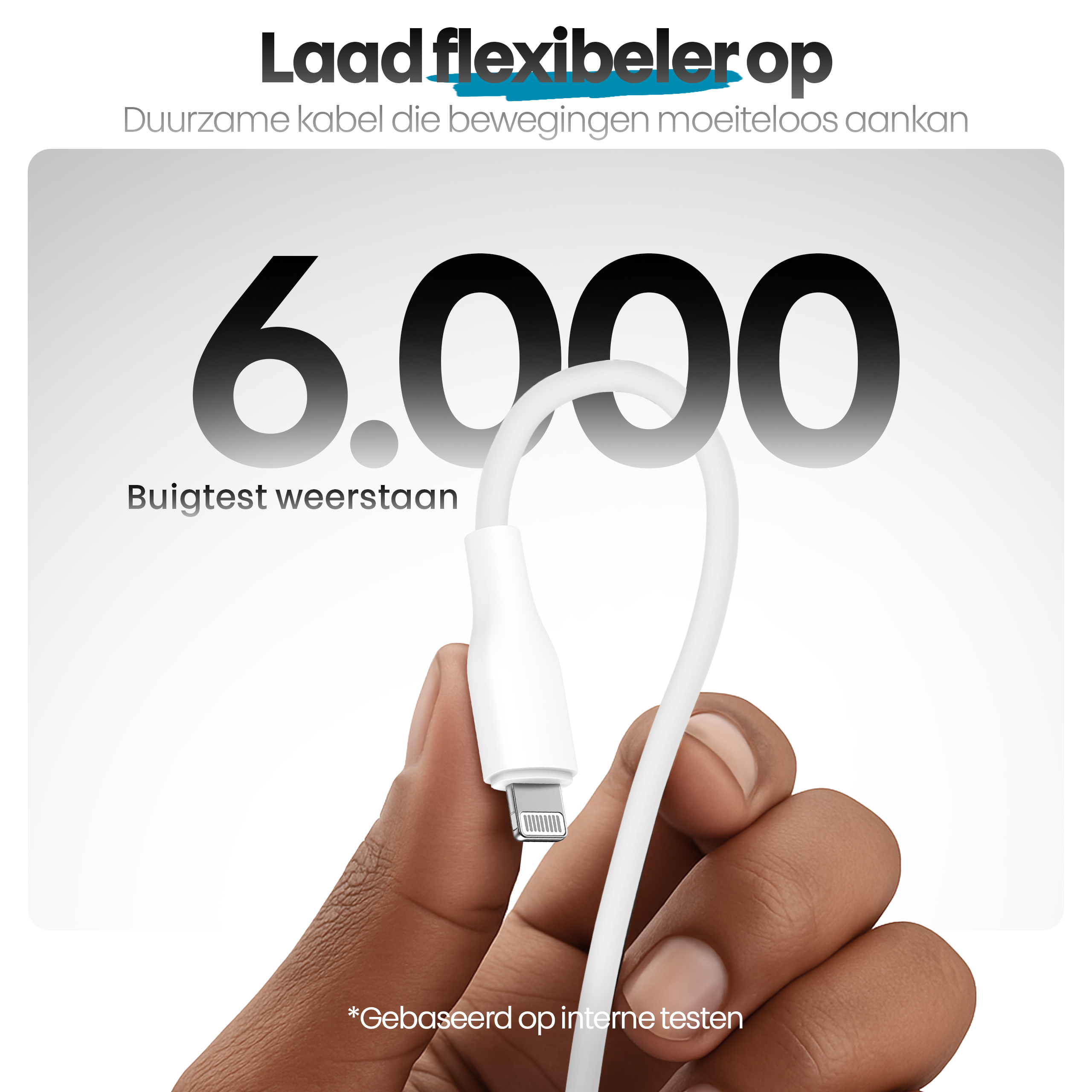 Een hand houdt een witte oplaadkabel vast. Tekst: 'Laad flexibeler op' en '6.000 Buigtest weerstaan'.