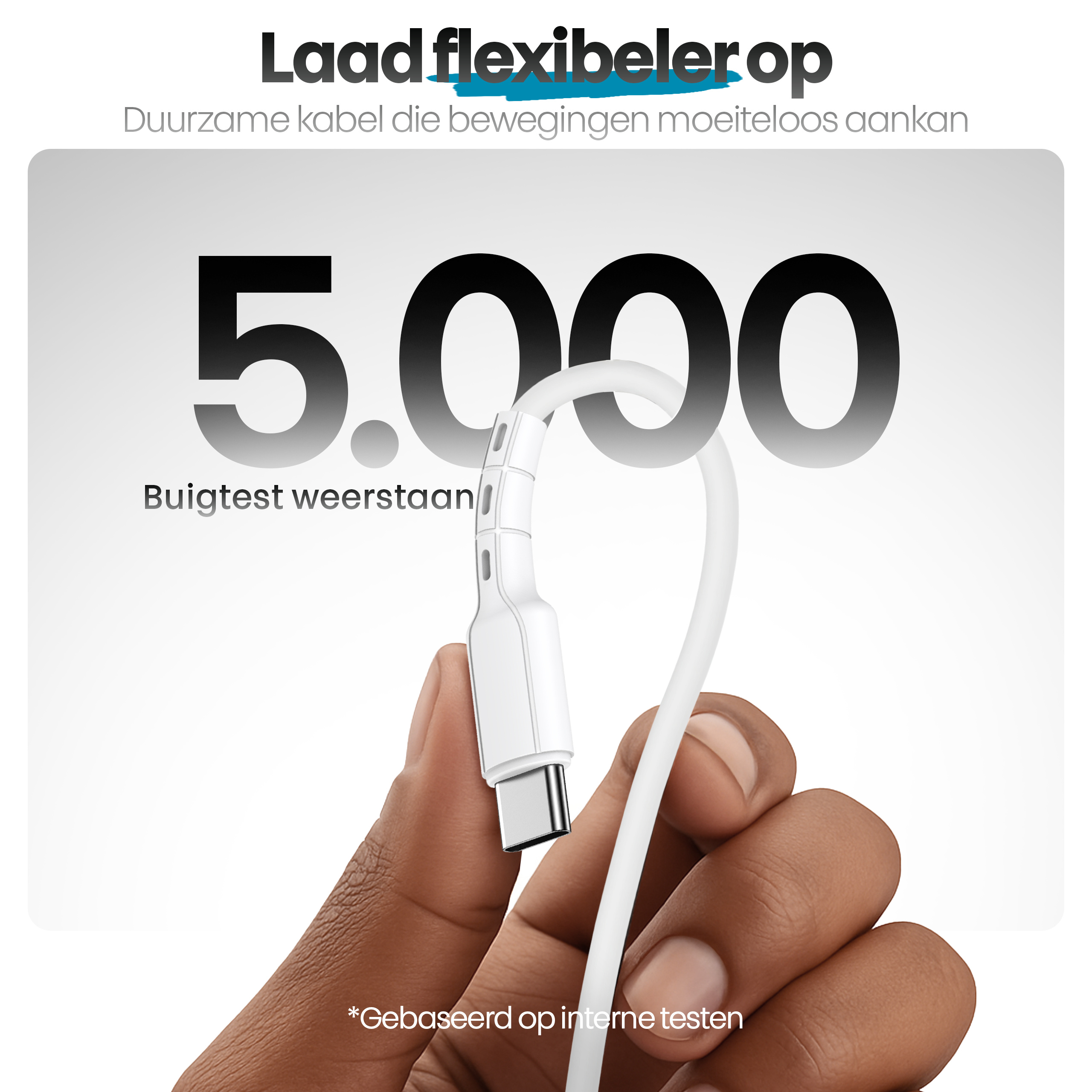 Een hand houdt een witte USB-C-kabel vast. Tekst luidt '5.000 buigtest' en 'Laad flexibeler op'.
