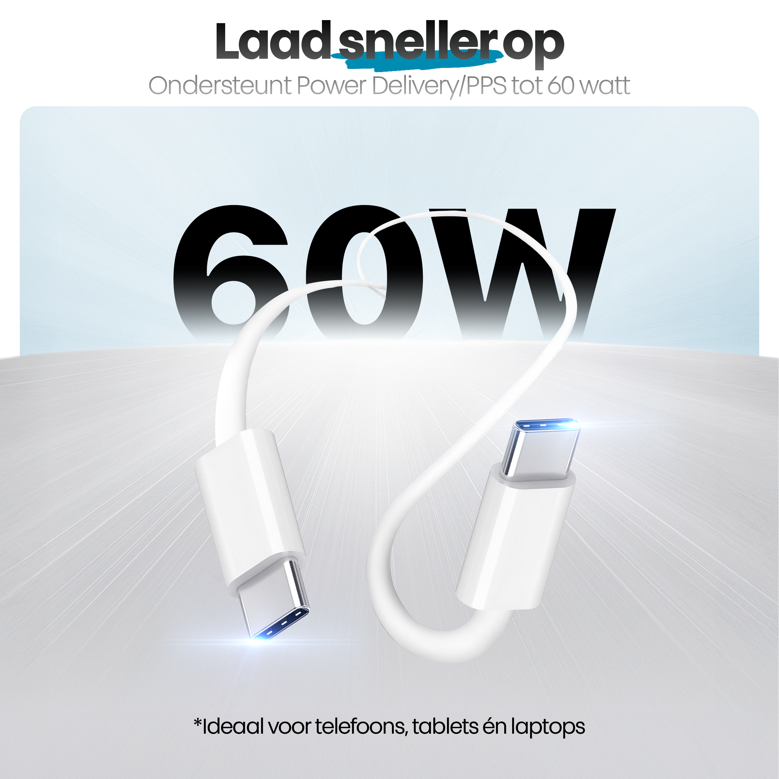 Een witte USB-C oplaadkabel met tekstoverlay, die 60W opladen adverteert voor telefoons, tablets en laptops.