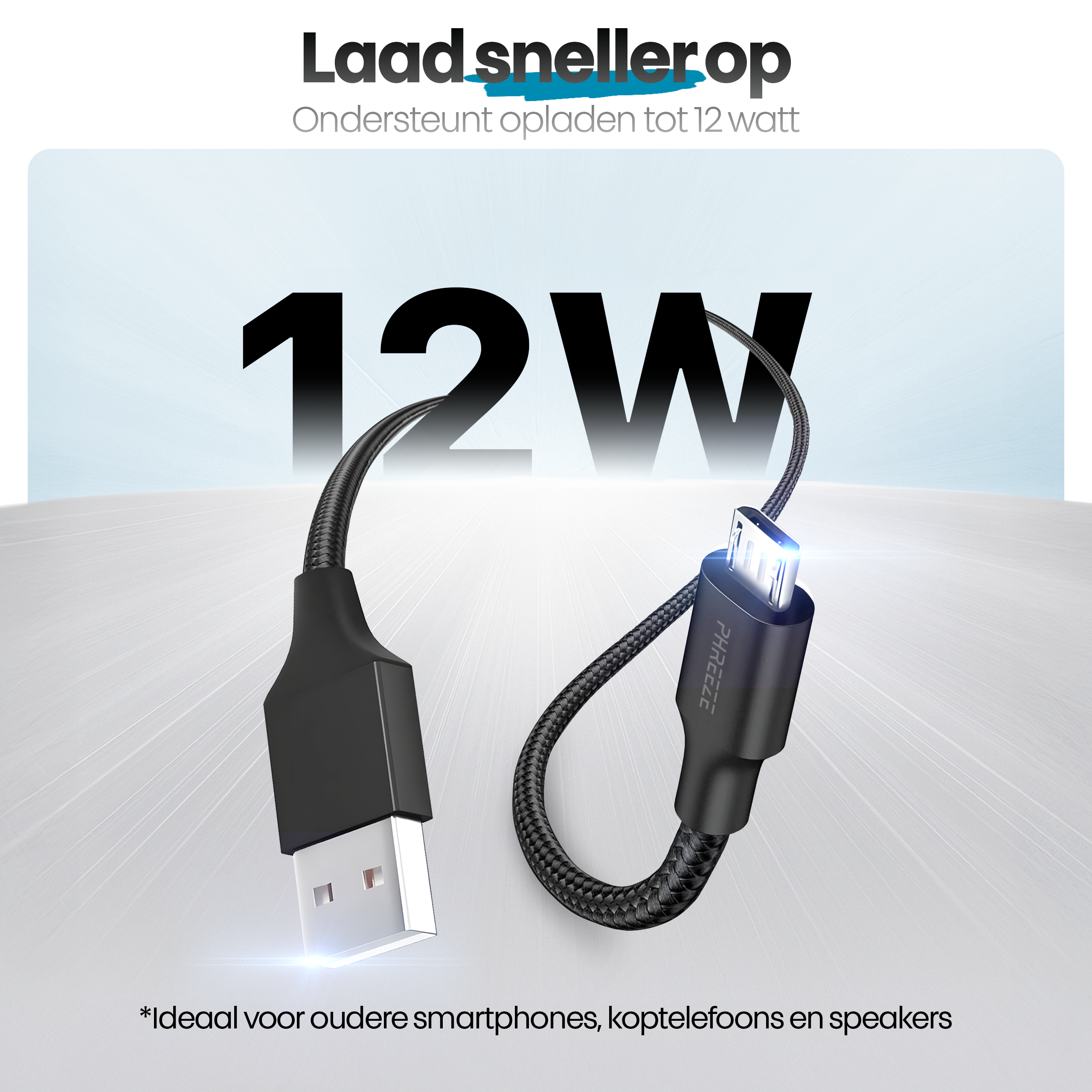 Image shows a black charging cable with a USB and a USB-C connector. Text mentions 12W charging and ideal for older devices.