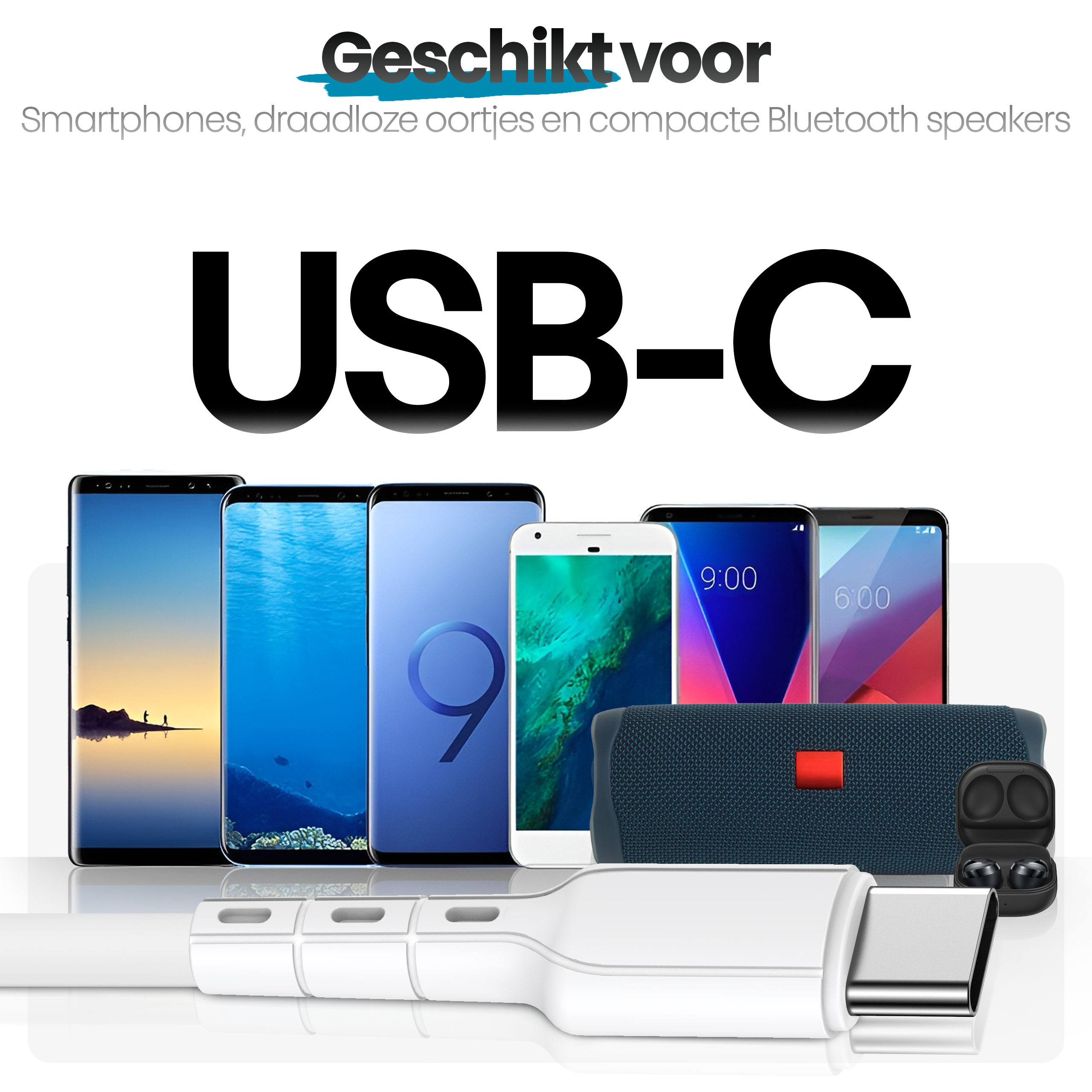 Afbeelding met telefoons, luidspreker, oortelefoons en een USB-C-kabel. Tekst zegt 'USB-C', 'Geschikt voor' en productcategorieën.
